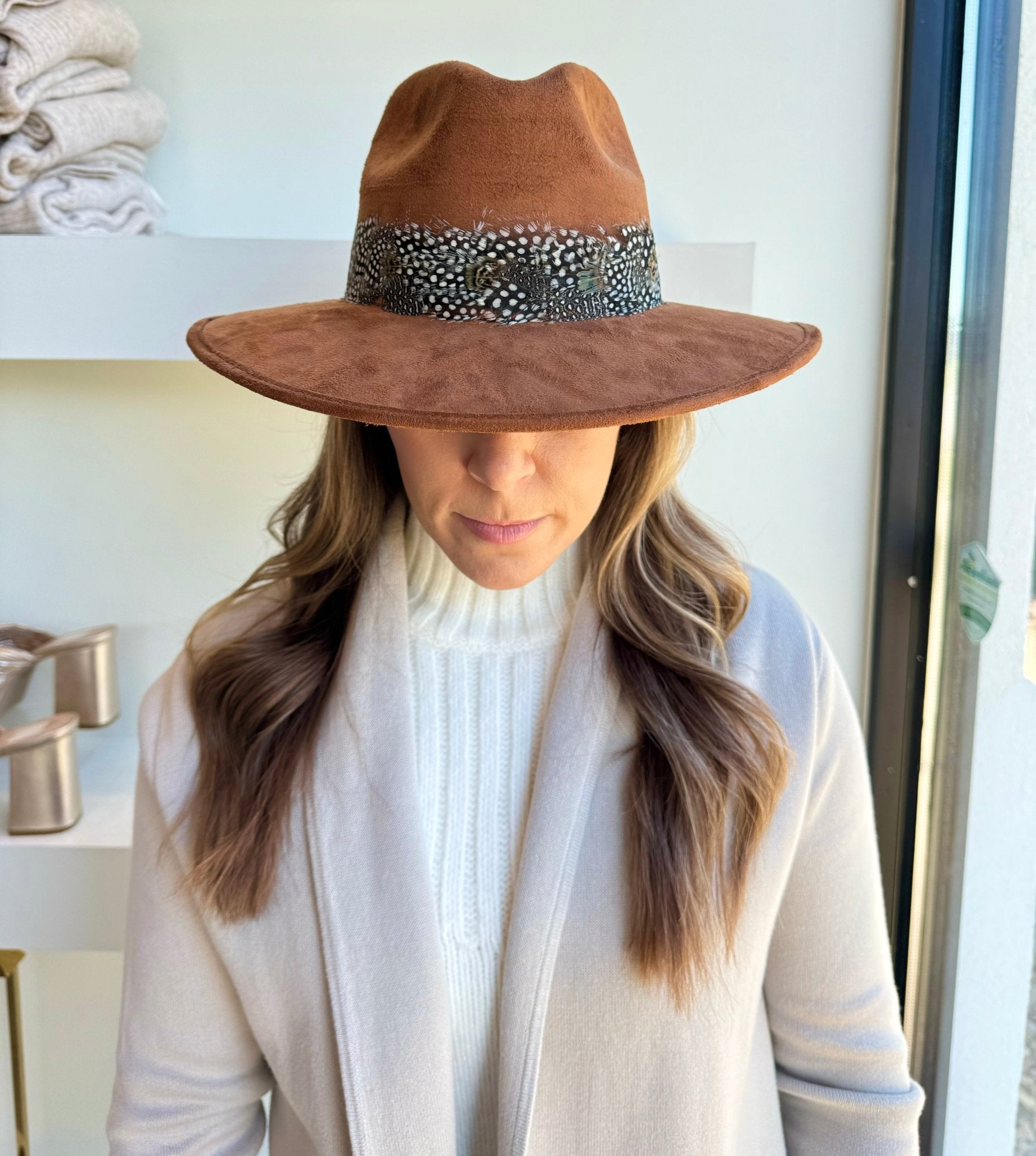 Brown Suede Feather Hat - Amor Lafayette