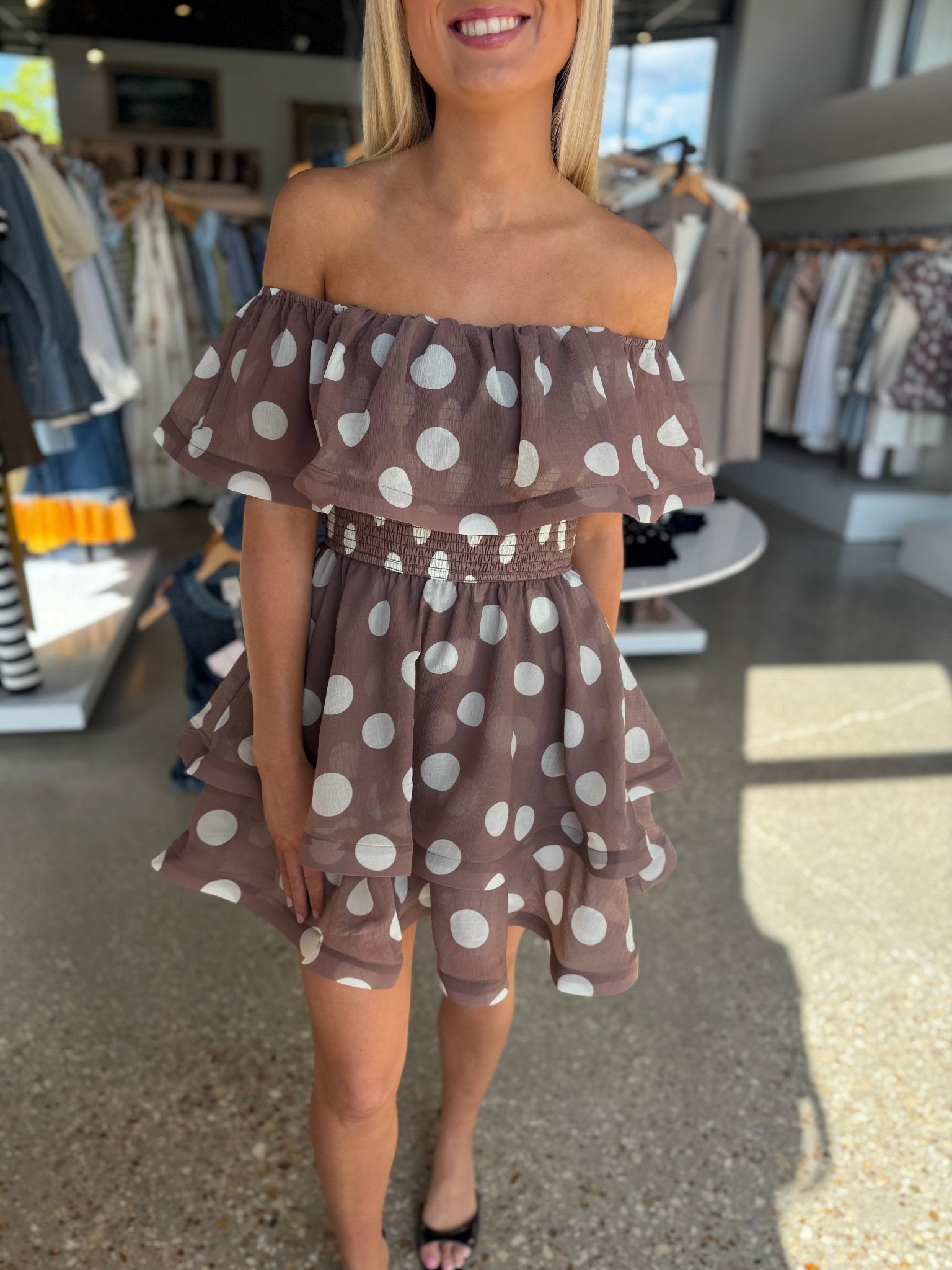 Brown/White Sola Polka Dot Mini Dress - Amor Lafayette