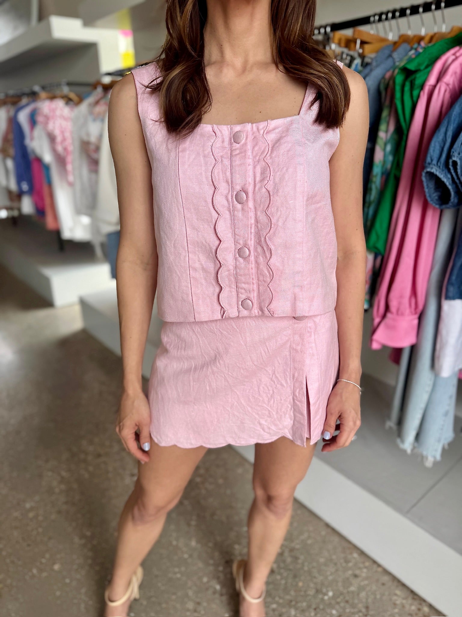 Button Up Pink Linen Skort - Amor Lafayette