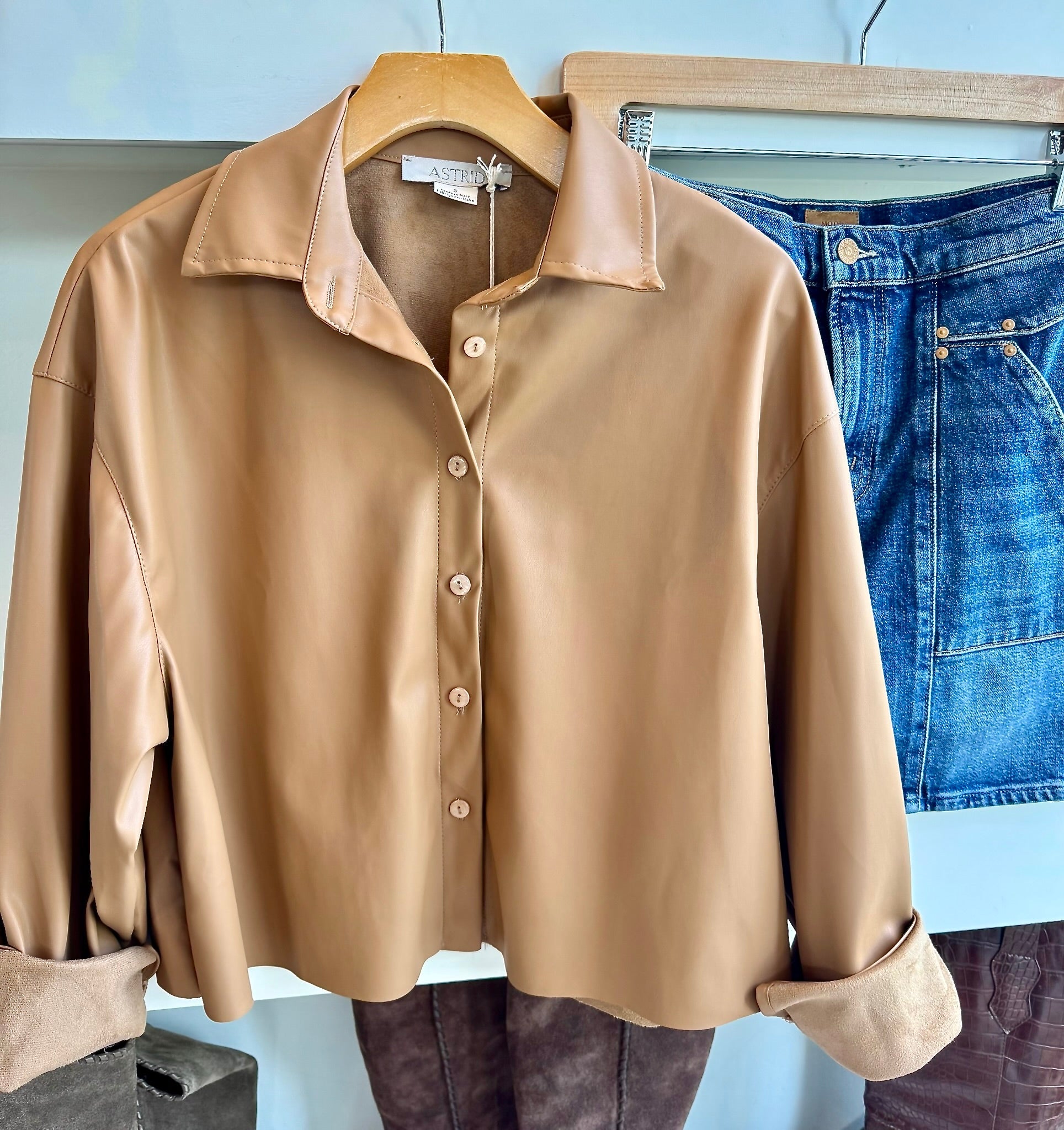 Camel Faux Leather Top - Amor Lafayette