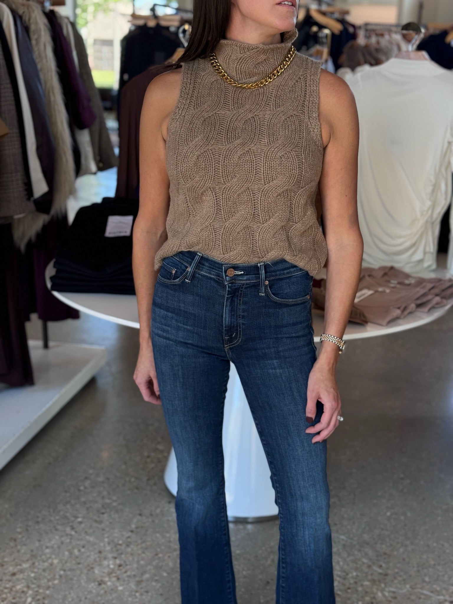 Camel LENNON CASHMERE SLEEVELESS MOCK CABLE - Amor Lafayette