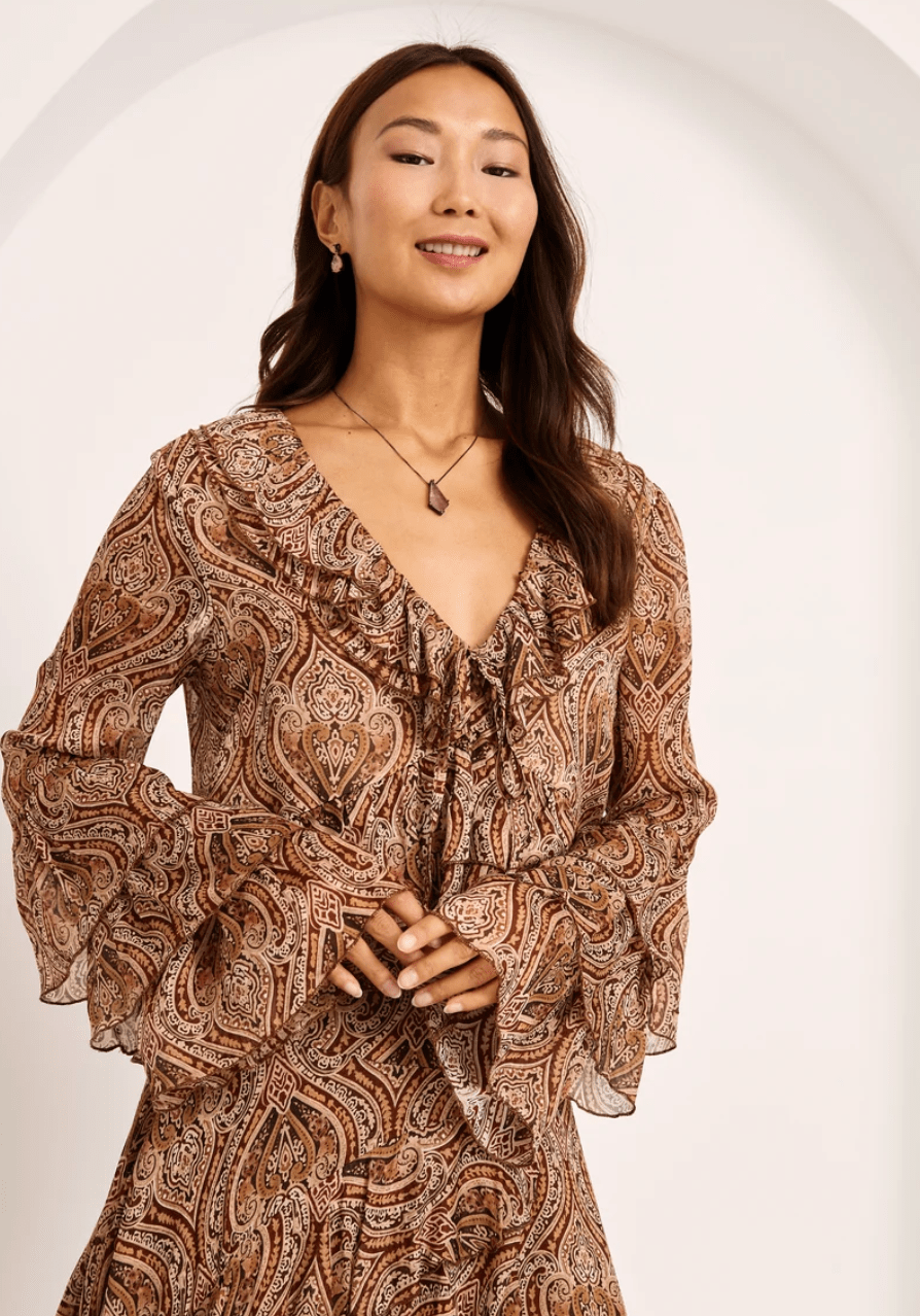 Camel Paisley Frill Blouse - Amor Lafayette