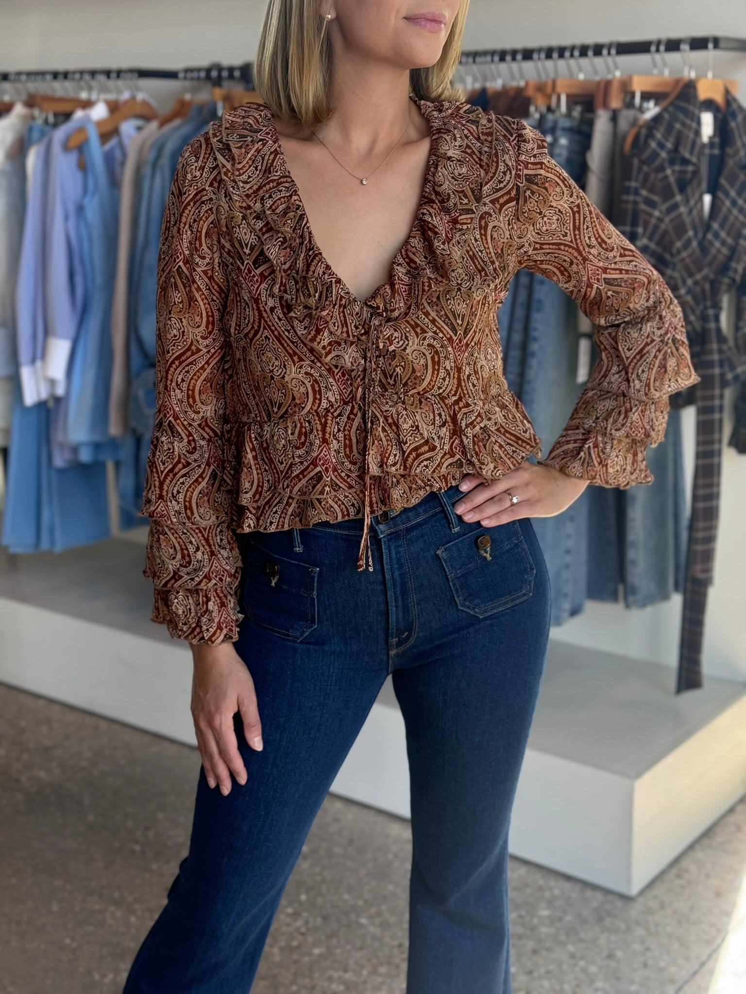 Camel Paisley Frill Blouse - Amor Lafayette