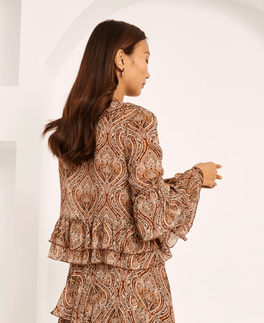Camel Paisley Frill Blouse - Amor Lafayette