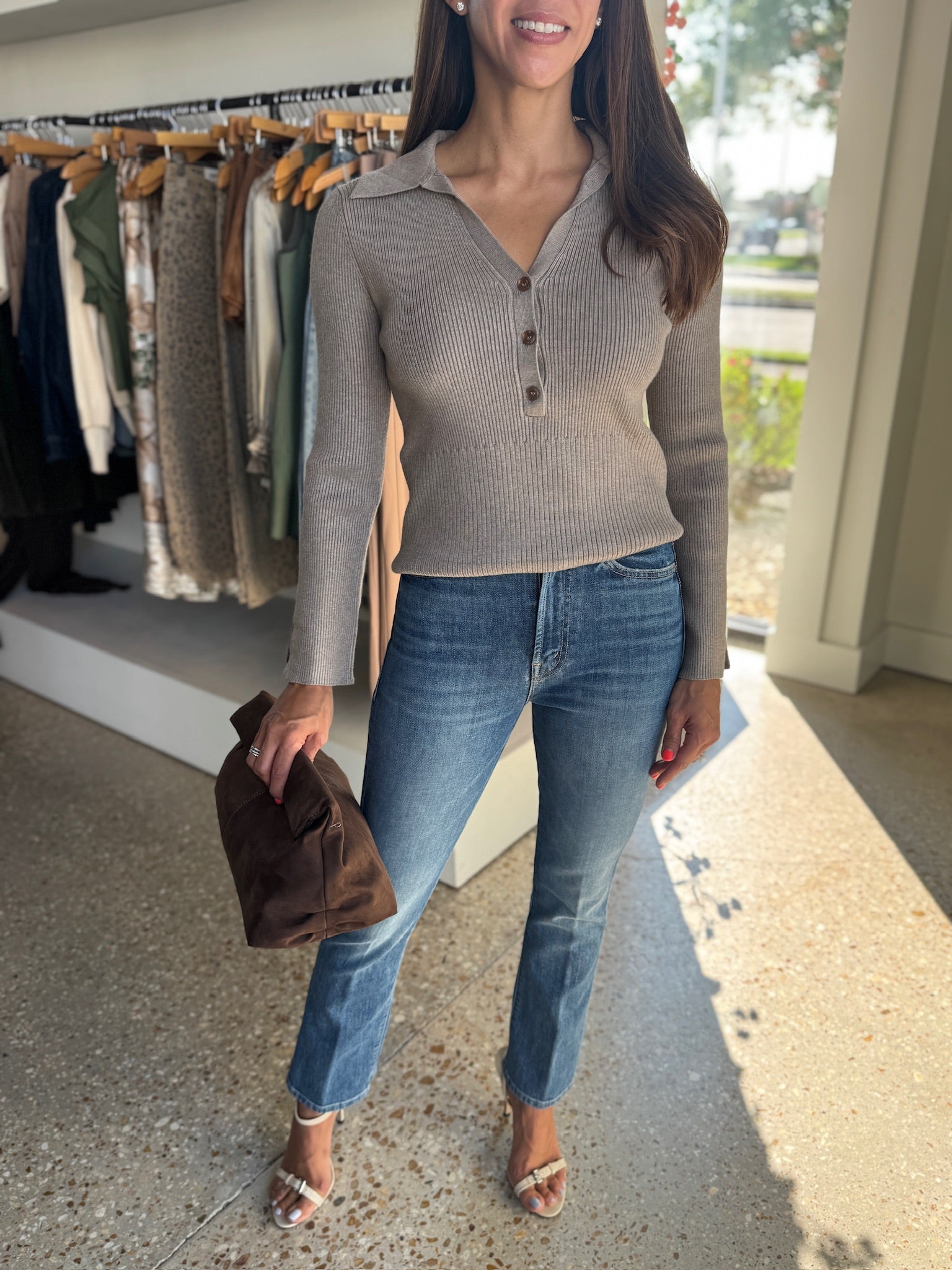 Cashew Heather Gemma Ribbed Polo Top - Amor Lafayette