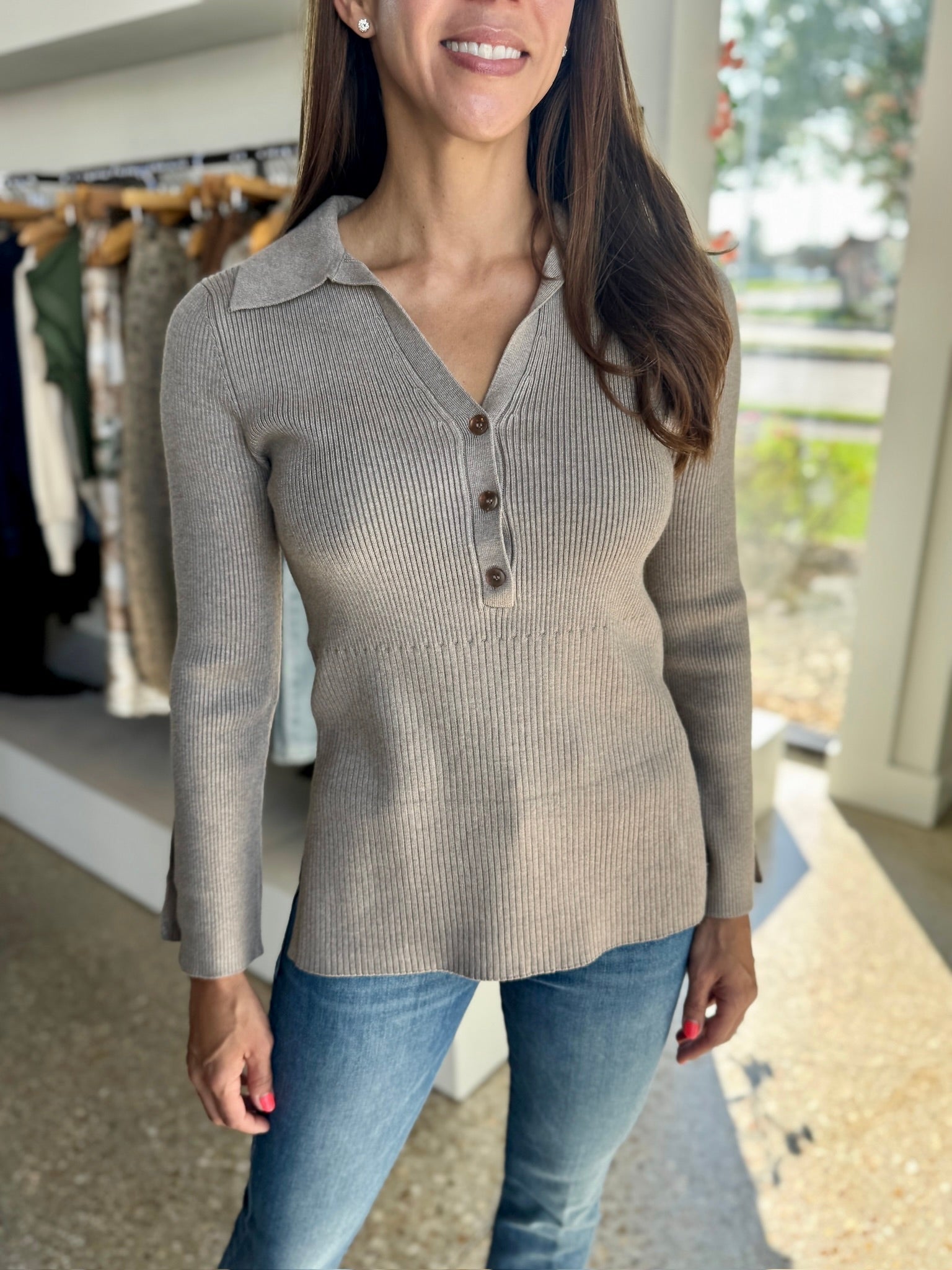 Cashew Heather Gemma Ribbed Polo Top - Amor Lafayette