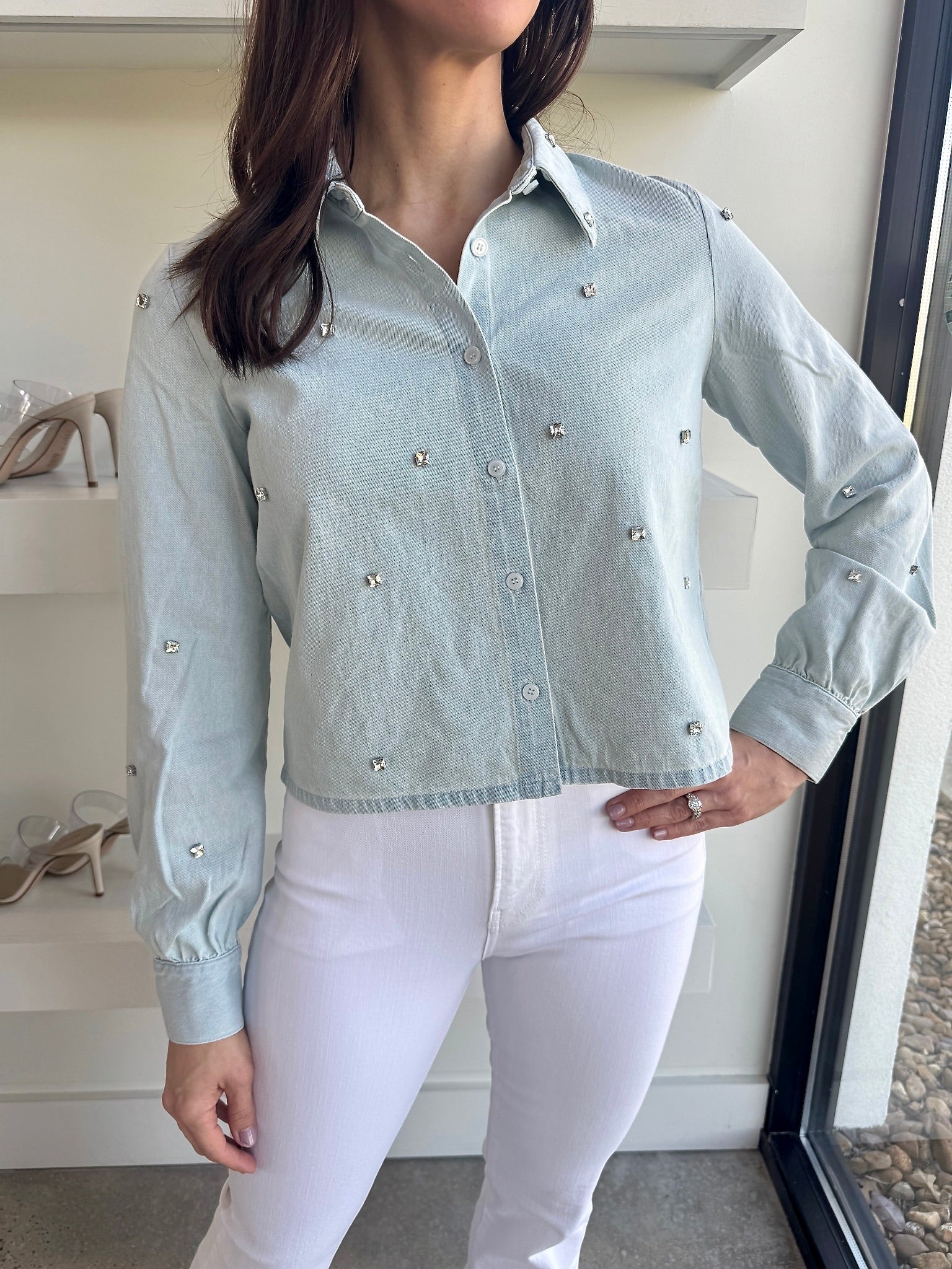 Chambray Rhinestone Denim Shirt - Amor Lafayette