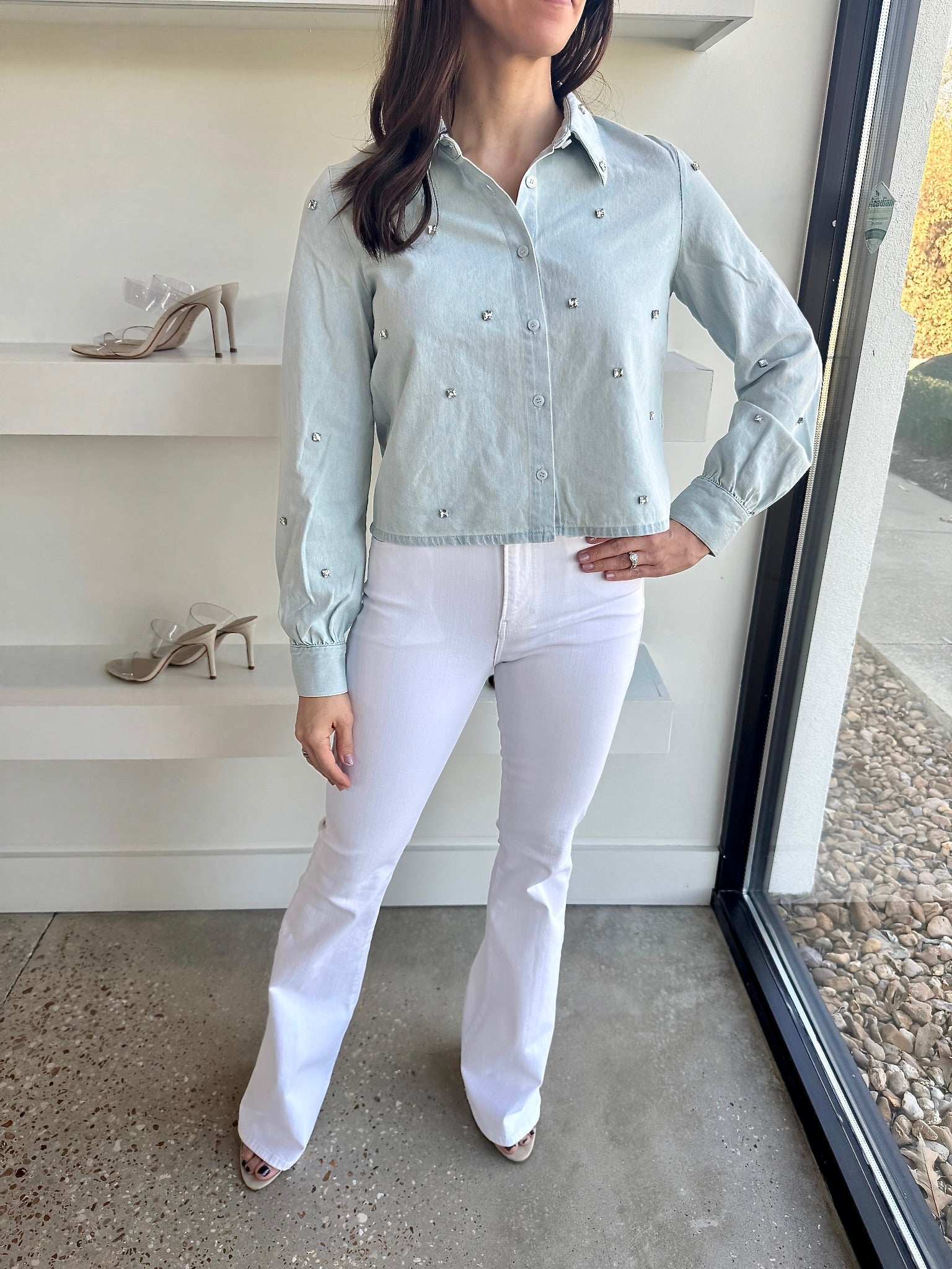 Chambray Rhinestone Denim Shirt - Amor Lafayette