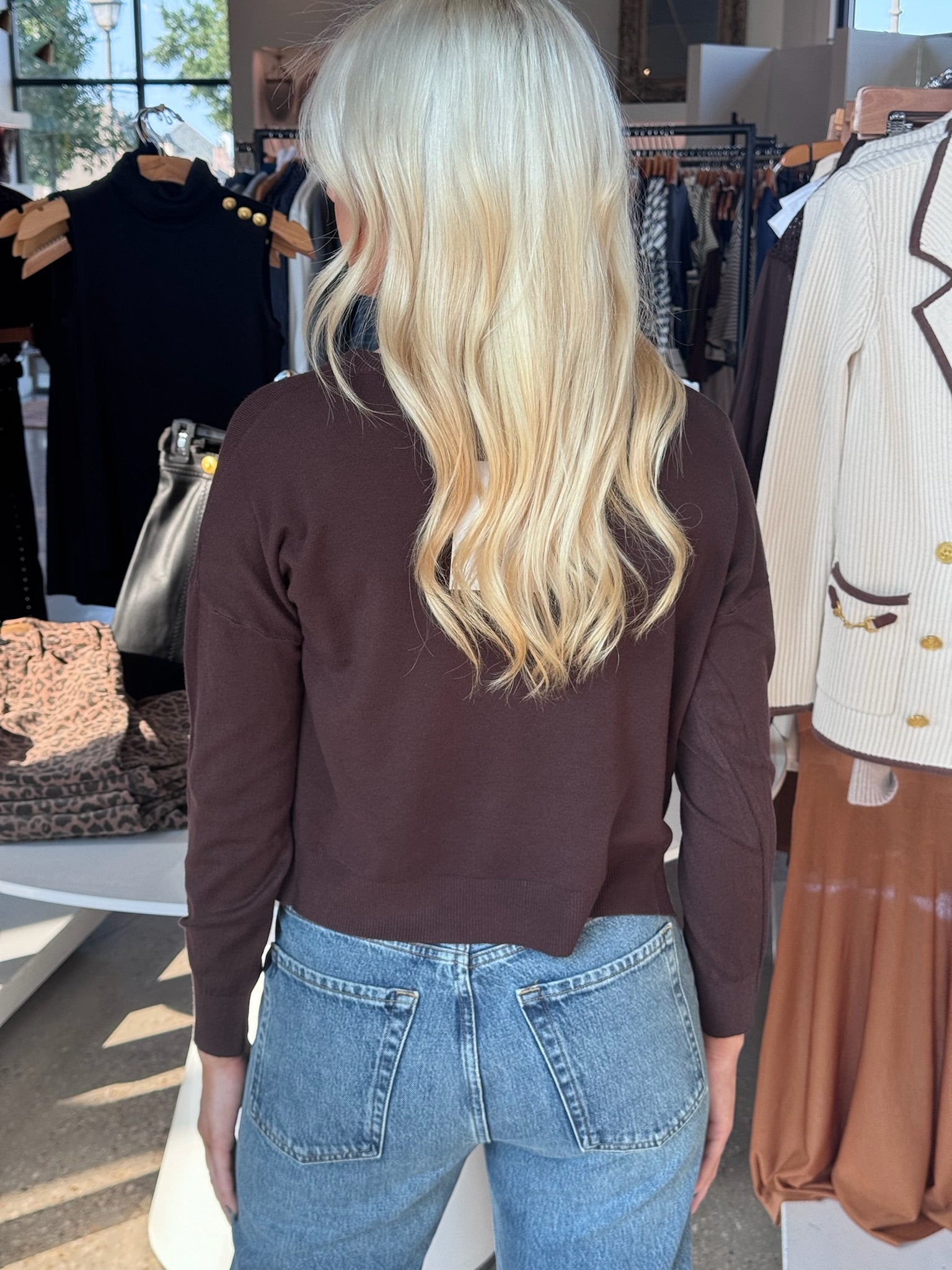 Chocolate Brown Crop Knit Sweater - Amor Lafayette
