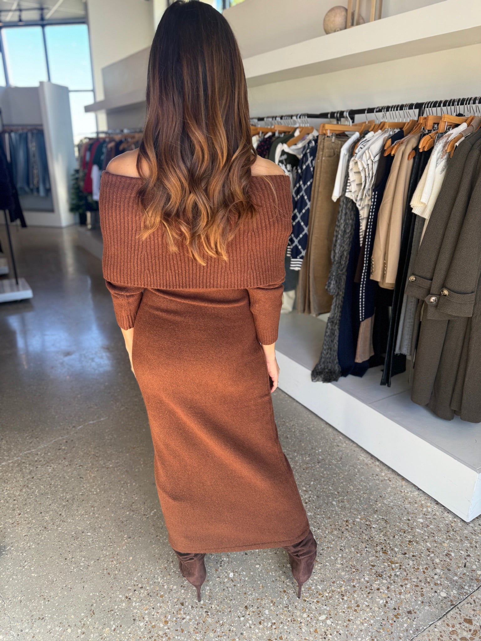 Chocolate Emilia Knit Off Shoulder Dress - Amor Lafayette