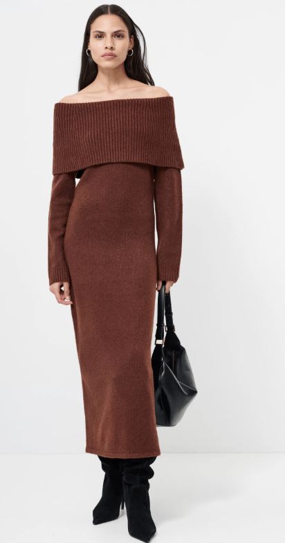 Chocolate Emilia Knit Off Shoulder Dress - Amor Lafayette