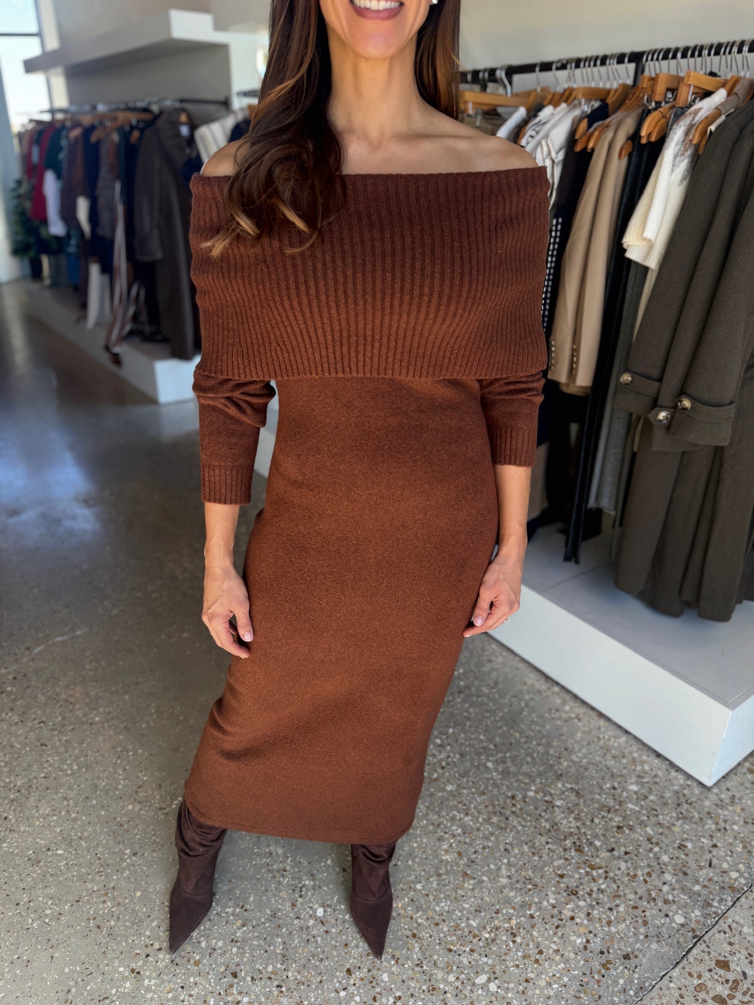 Chocolate Emilia Knit Off Shoulder Dress - Amor Lafayette
