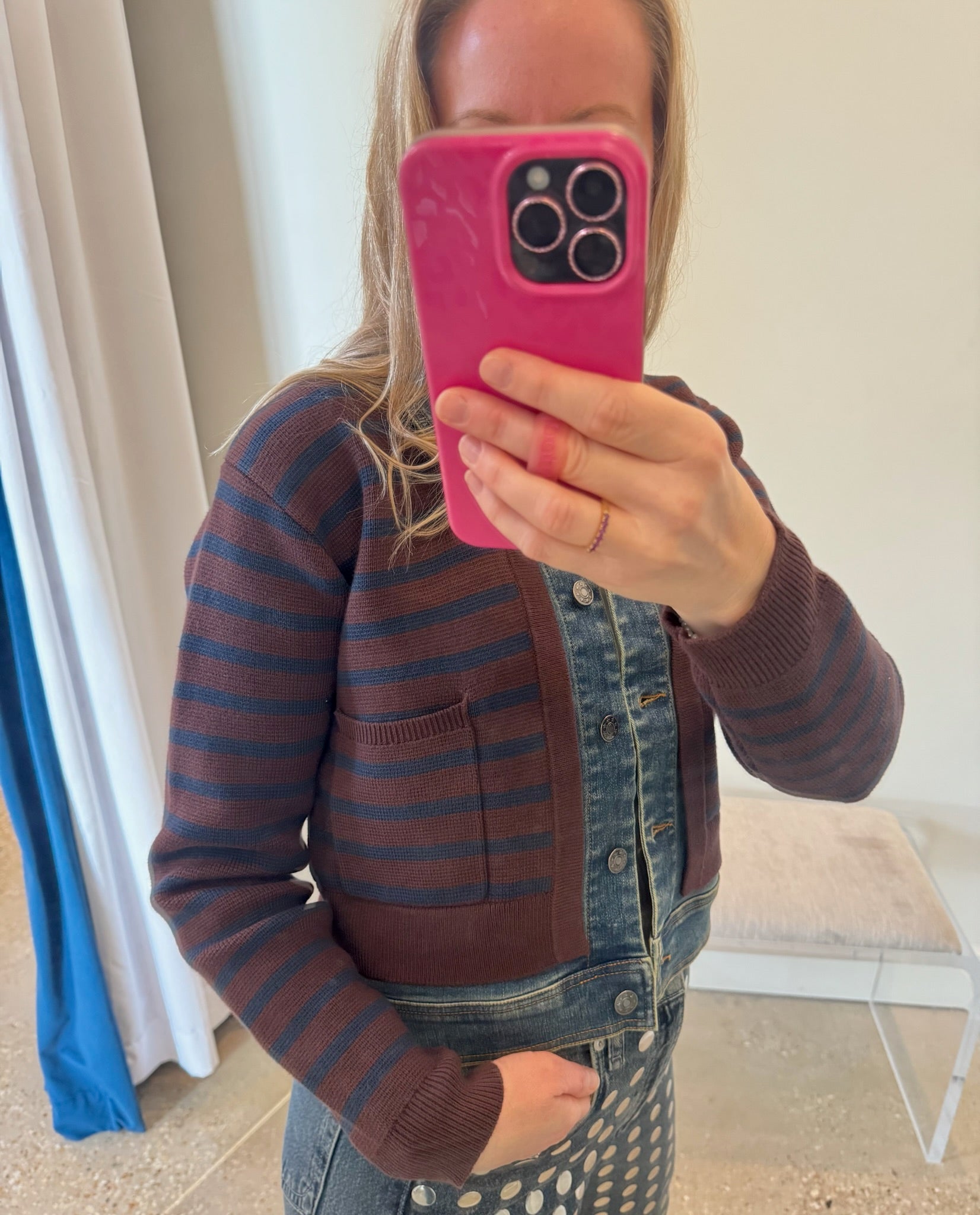 Chocolate/Navy Striped Denim Trim Jacket - Amor Lafayette