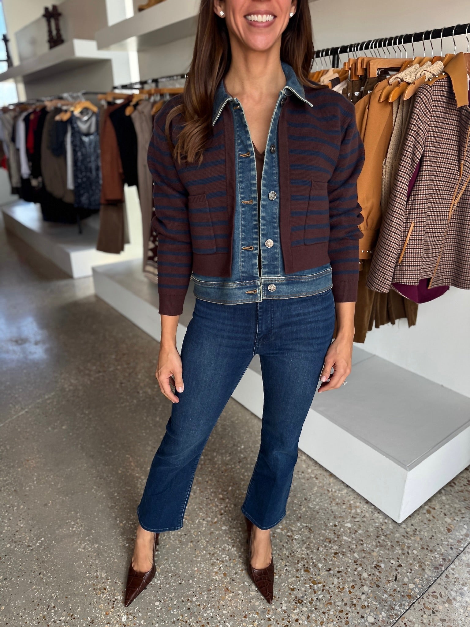 Chocolate/Navy Striped Denim Trim Jacket - Amor Lafayette