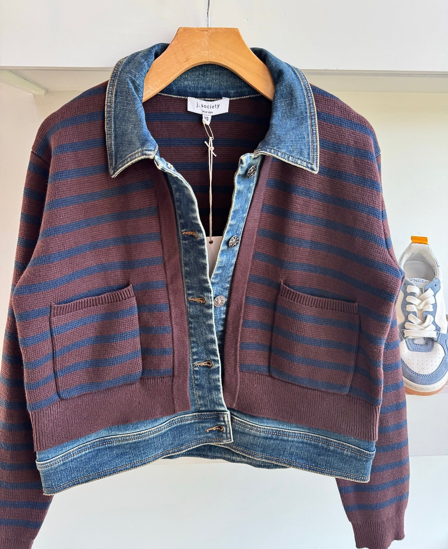 Chocolate/Navy Striped Denim Trim Jacket - Amor Lafayette