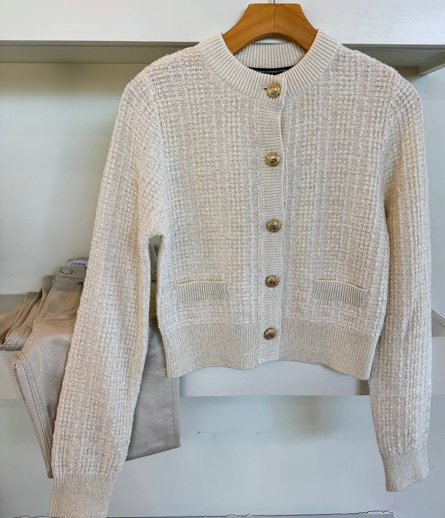 Classic Cream/Gold Lurex Tweed Knit Cardigan - Amor Lafayette