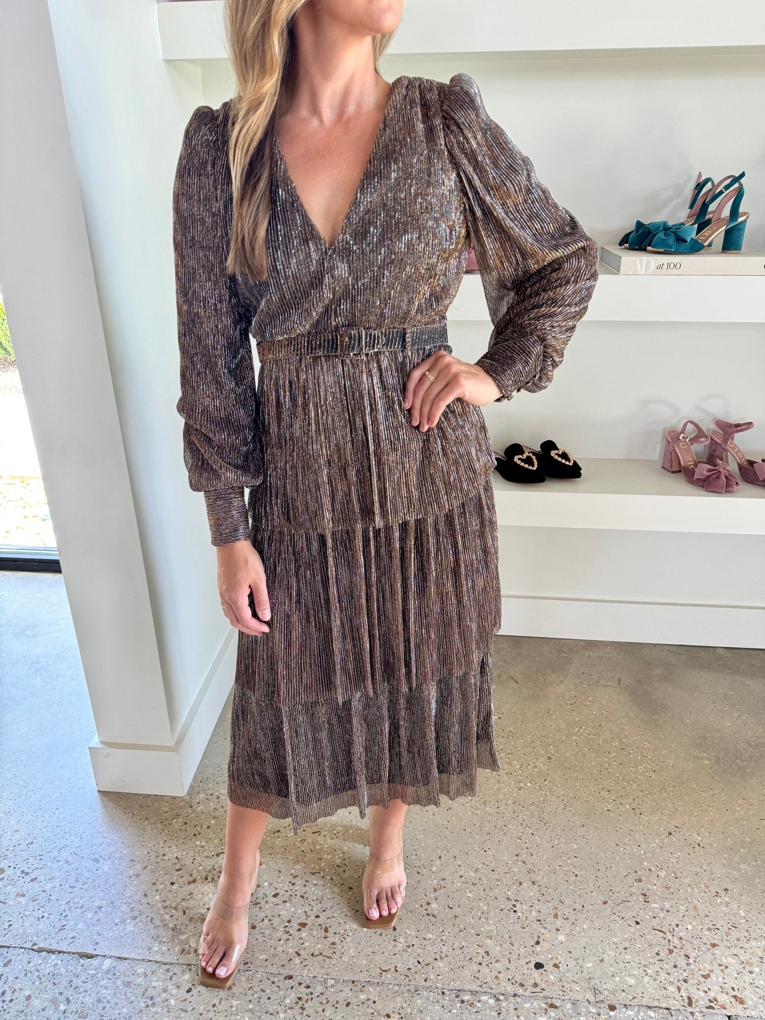 Jewel Badgley Mischka Metallic Stripe Long Sleeve Tiered Cocktail Dress Copper