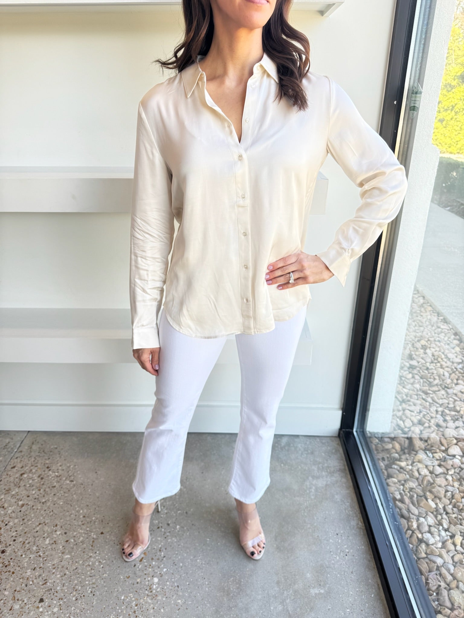 Cream Ennis Satin Shirt - Amor Lafayette