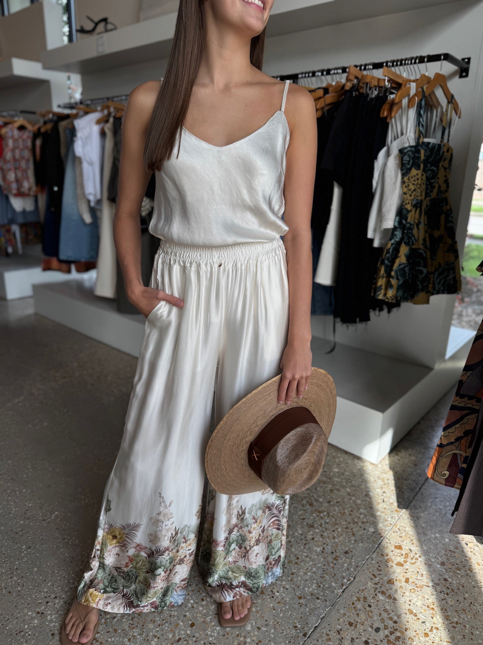 Cream Floral Silky Pants - Amor Lafayette