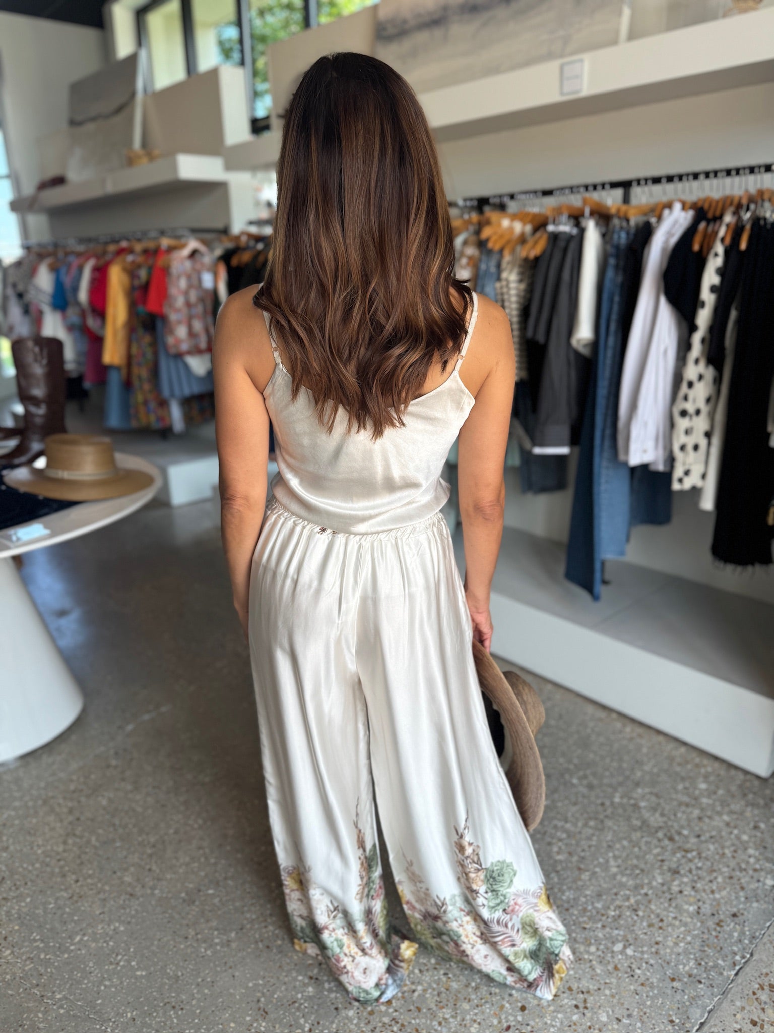 Cream Floral Silky Pants - Amor Lafayette