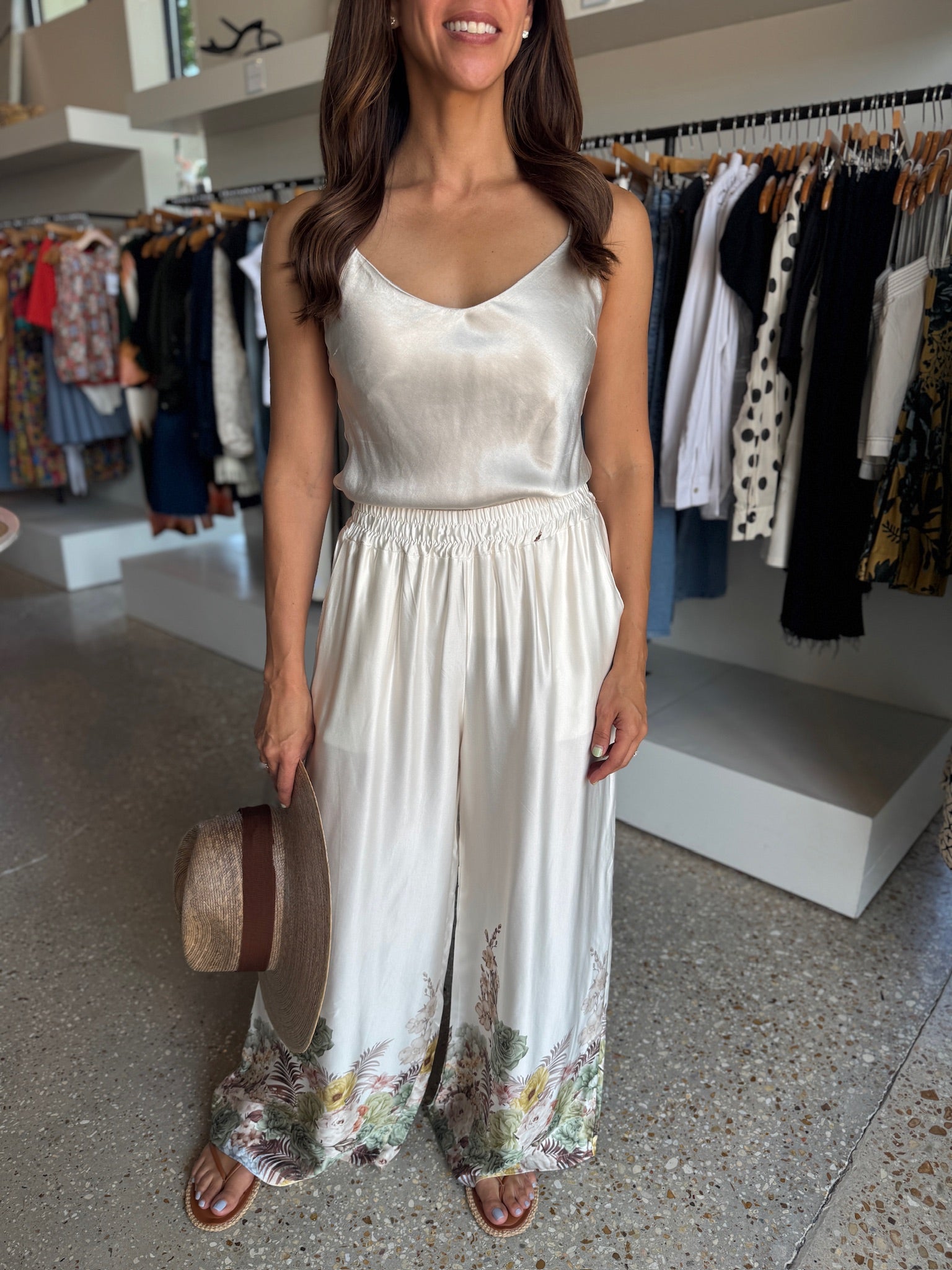 Cream Floral Silky Pants - Amor Lafayette