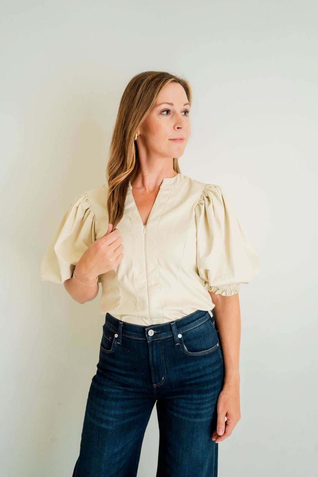 Cream Leather Zip Front Top - Amor Lafayette