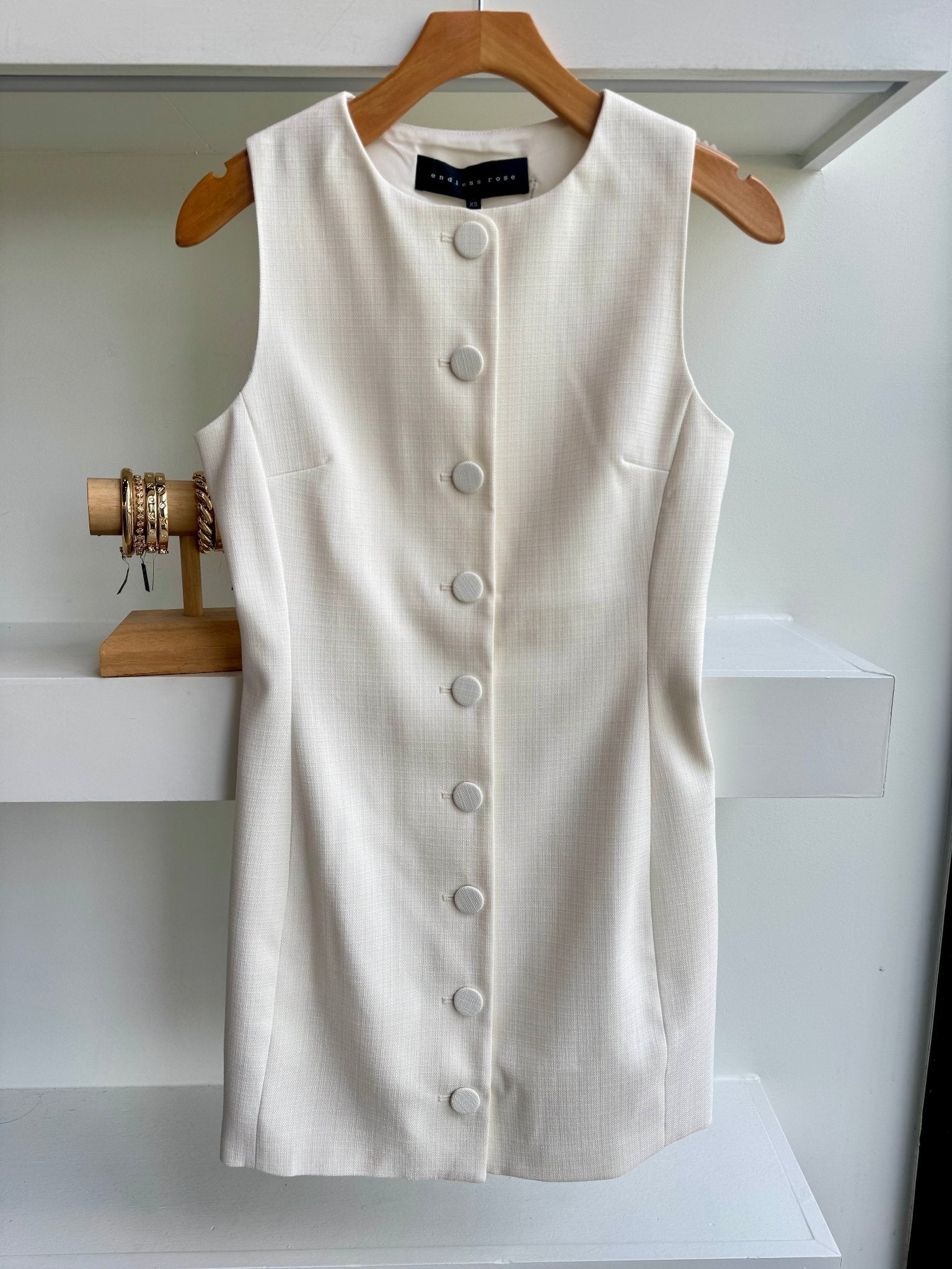 Cream Round Neck Buttoned Mini Dress - Amor Lafayette