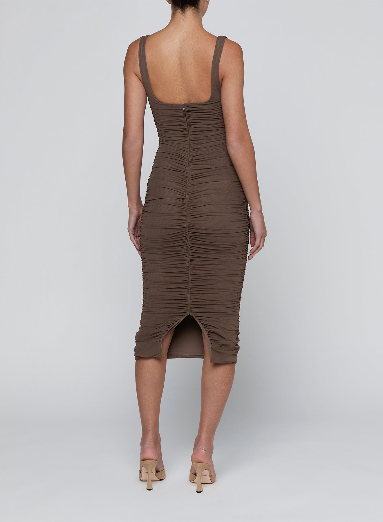DARK CARDAMOM ANYA SHIRRED MIDI DRESS - Amor Lafayette