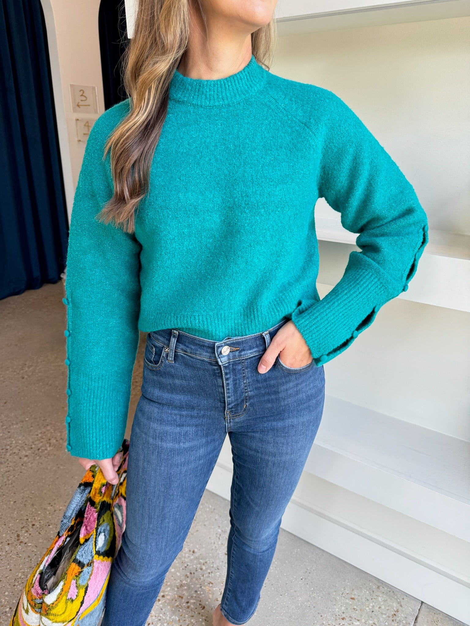 Dark Teal Melissa Boucle LS Jumper - Amor Lafayette