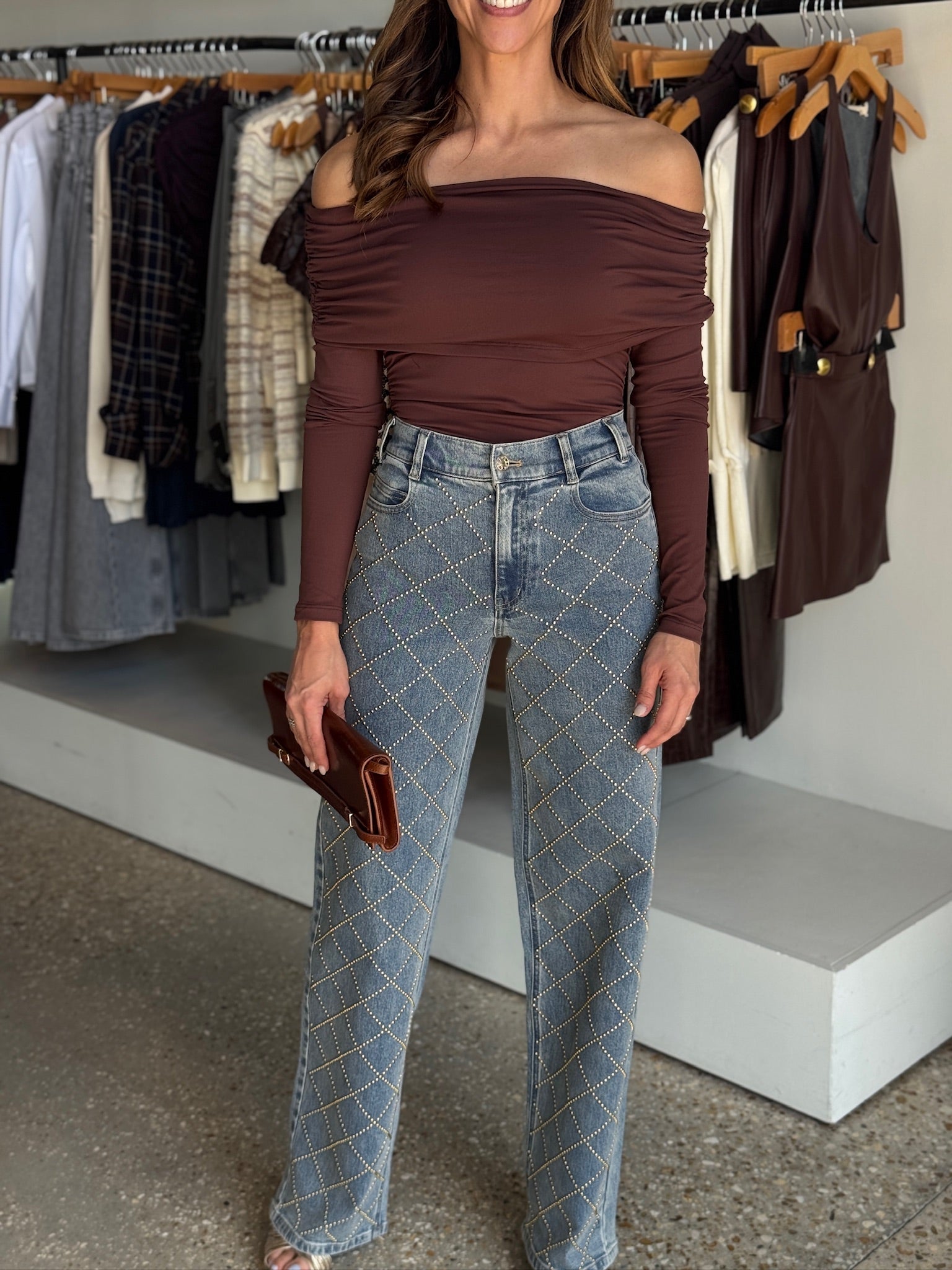 Deep Mahogany Extra Gathered Off Shoulder Top - Amor Lafayette
