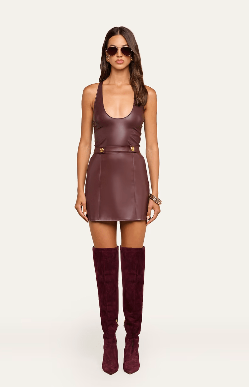 DEEP MAHOGANY NOLINA BUTTON TAB MINI SKIRT - Amor Lafayette