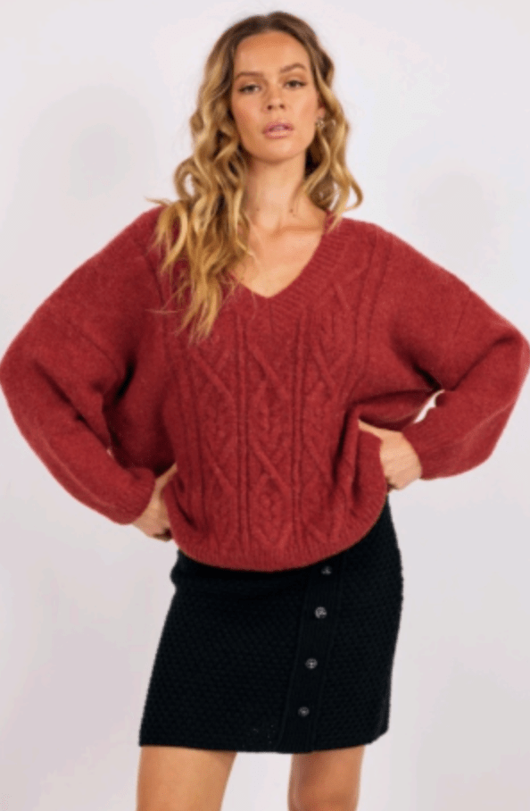 Deep Red Estella V Neck Cable Knit Sweater - Amor Lafayette