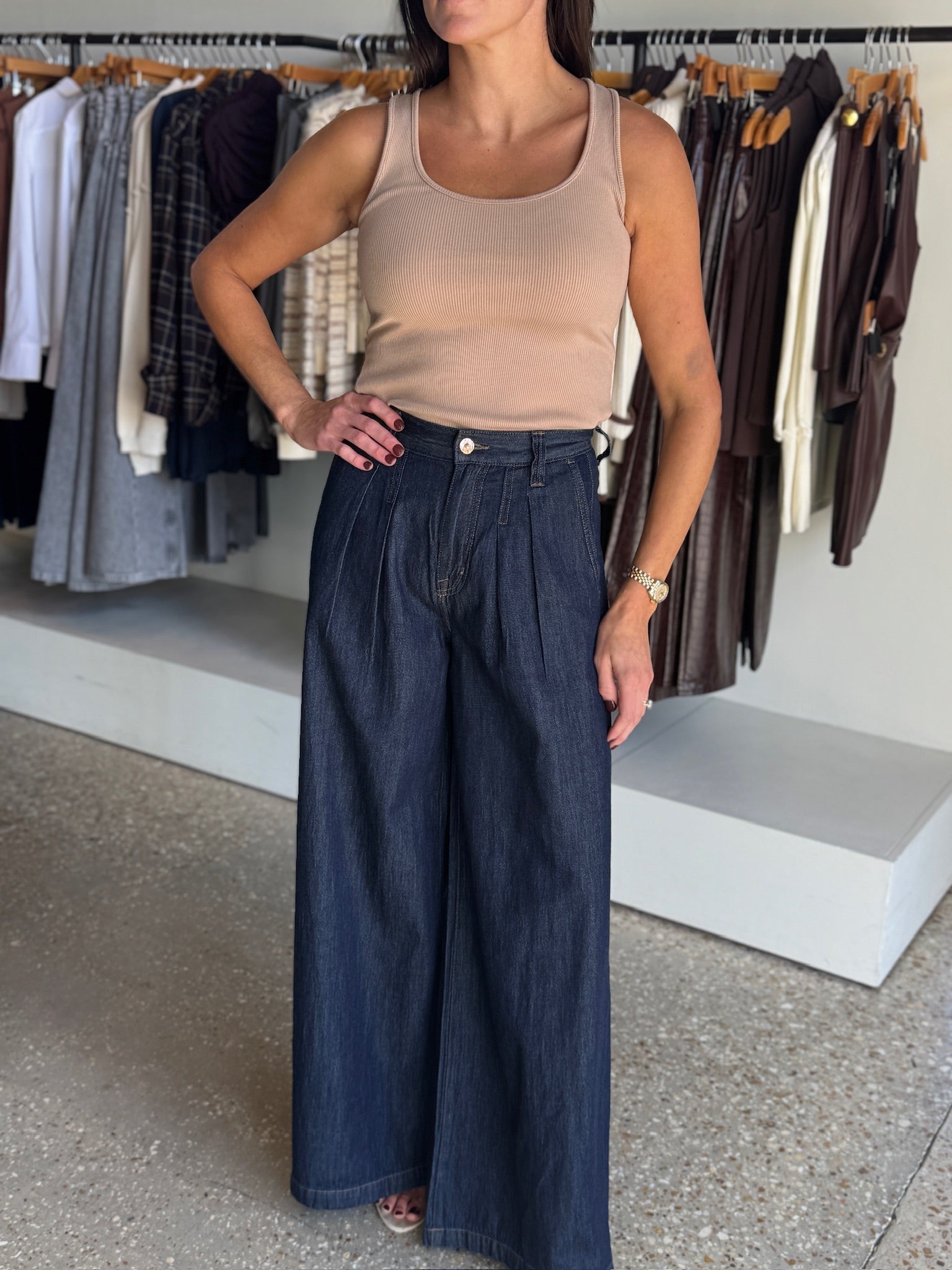 DELPHINE PLEATED DENIM WIDE LEG In FORCE - Amor Lafayette