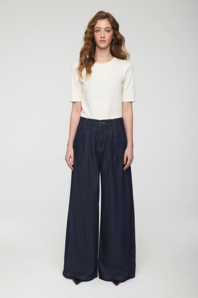 DELPHINE PLEATED DENIM WIDE LEG In FORCE - Amor Lafayette