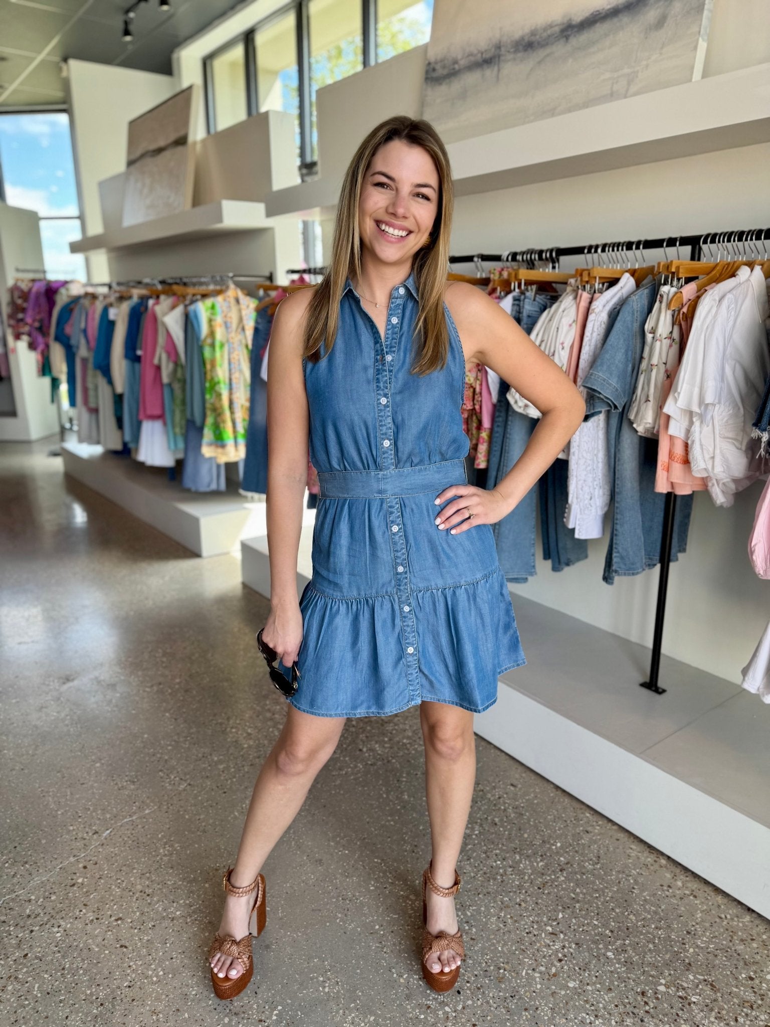 Denim Linen Blend Belted Tiered Dress - Amor Lafayette