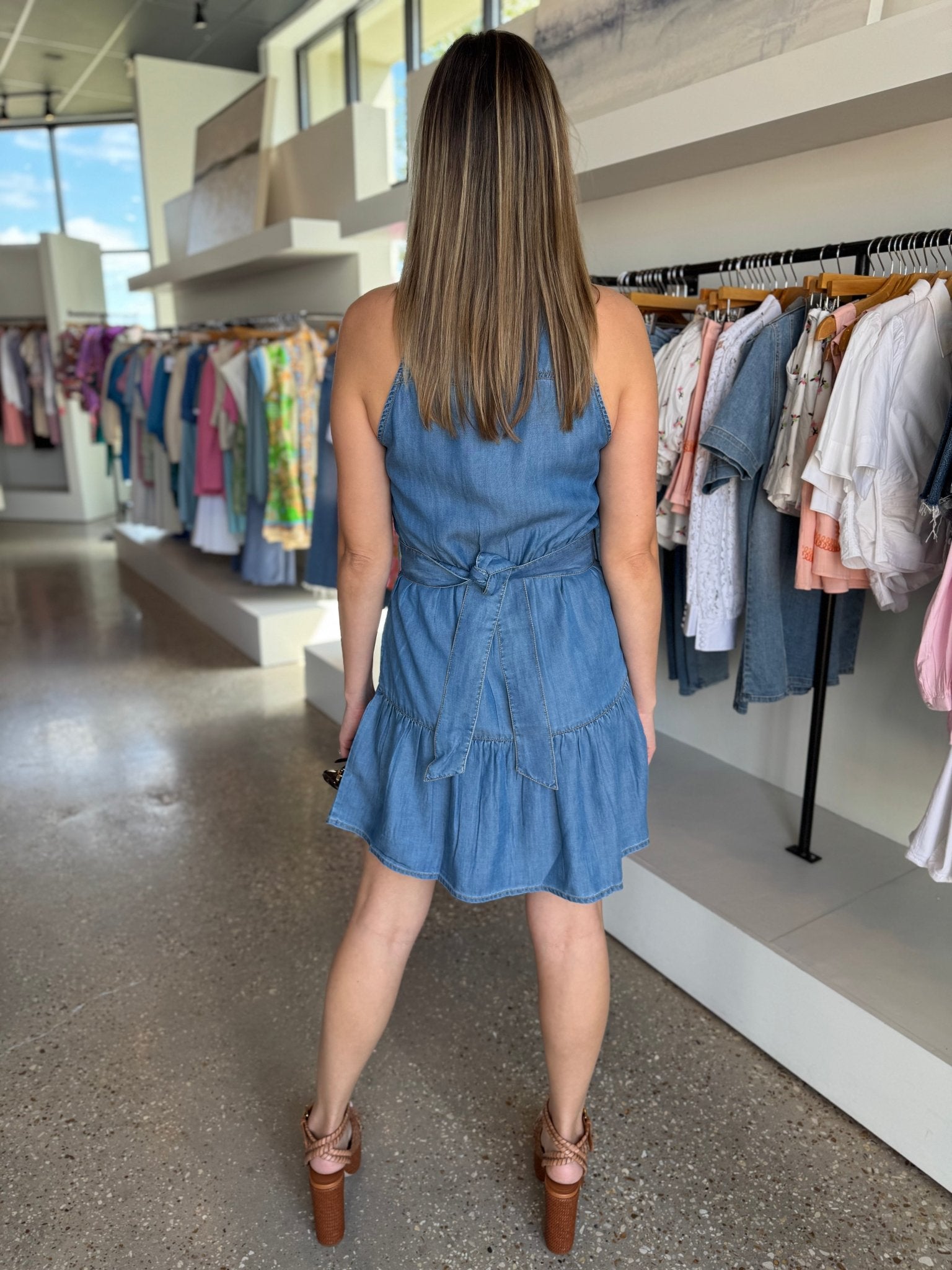 Denim Linen Blend Belted Tiered Dress - Amor Lafayette