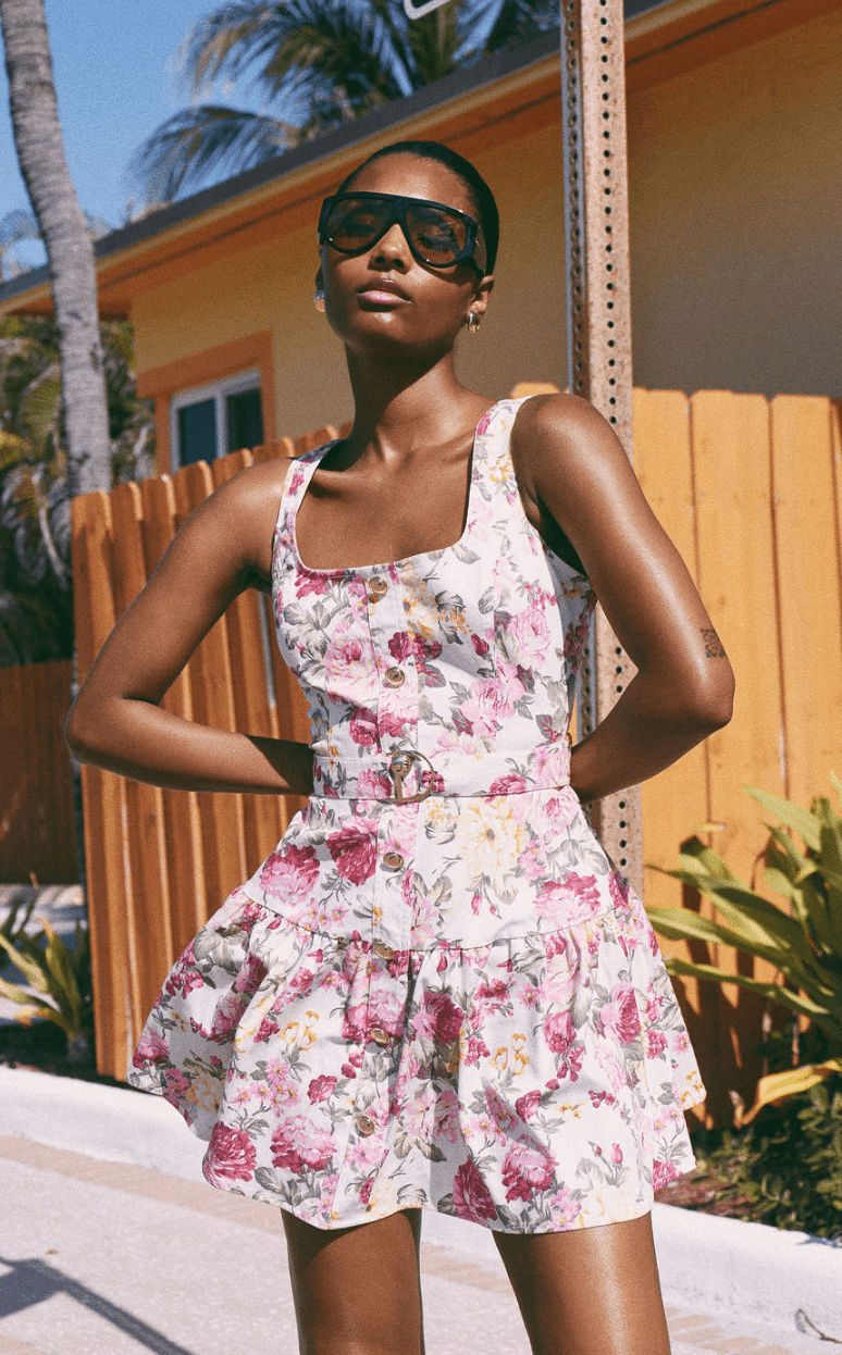 Dua Flower Print Short Cotton Blend Dress - Amor Lafayette