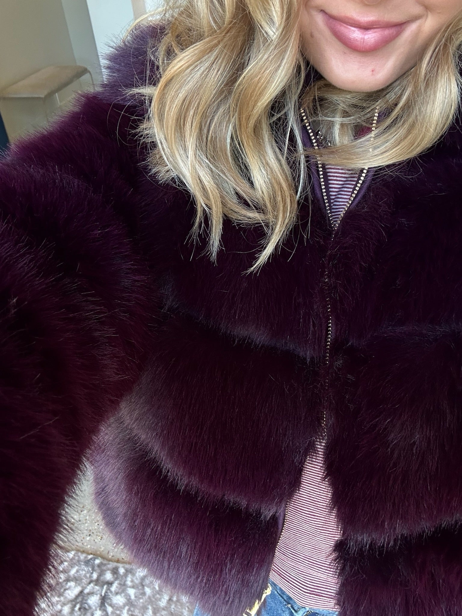 Eggplant Madison Faux Fur Jacket - Amor Lafayette