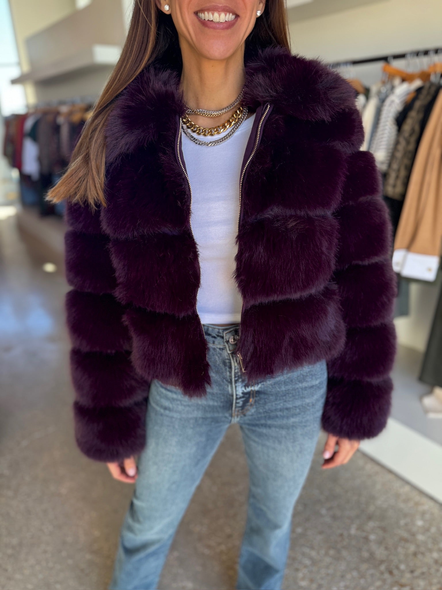 Eggplant Madison Faux Fur Jacket - Amor Lafayette