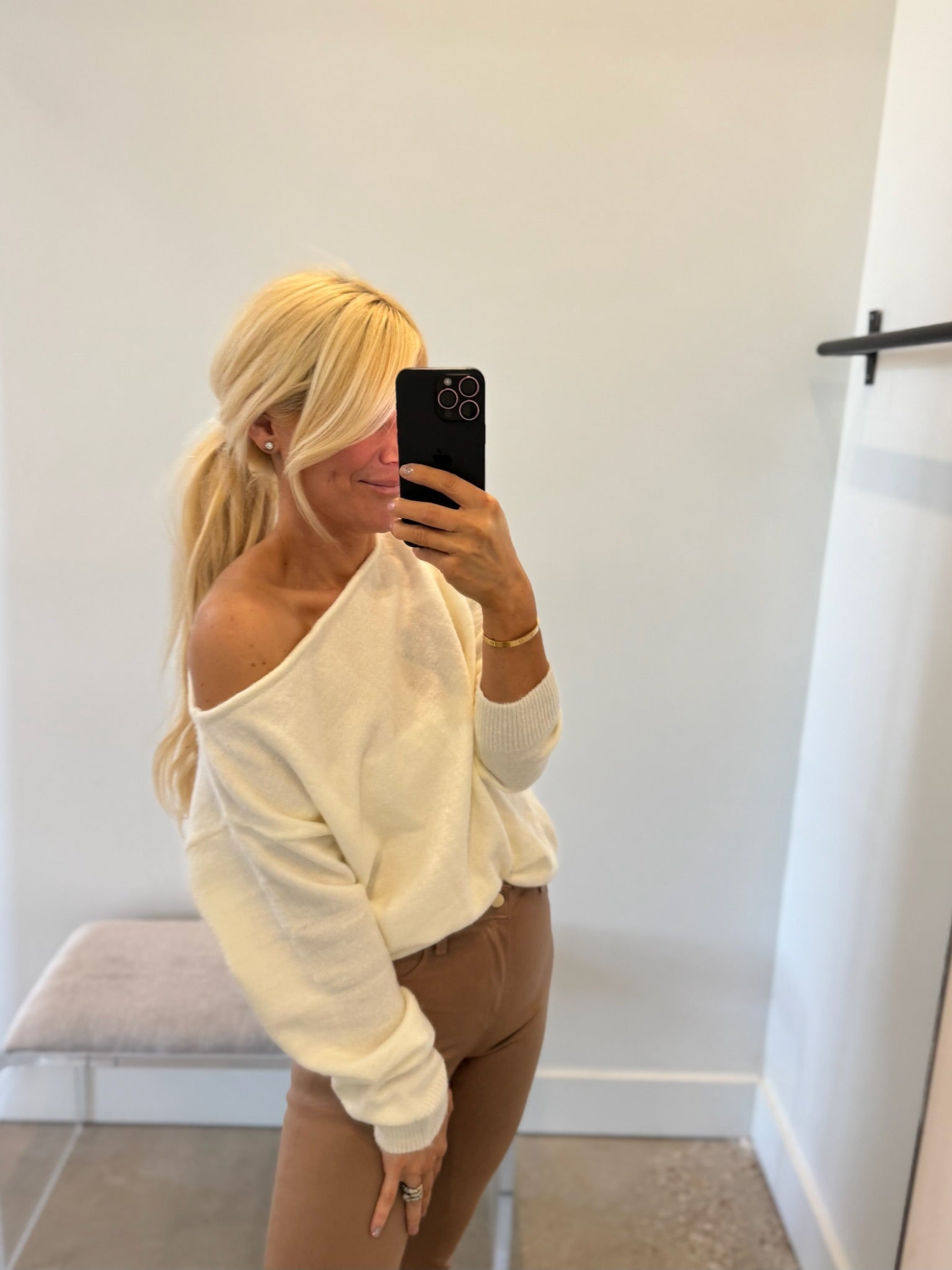 Ellie Off Shoulder Ivory Knit Sweater - Amor Lafayette