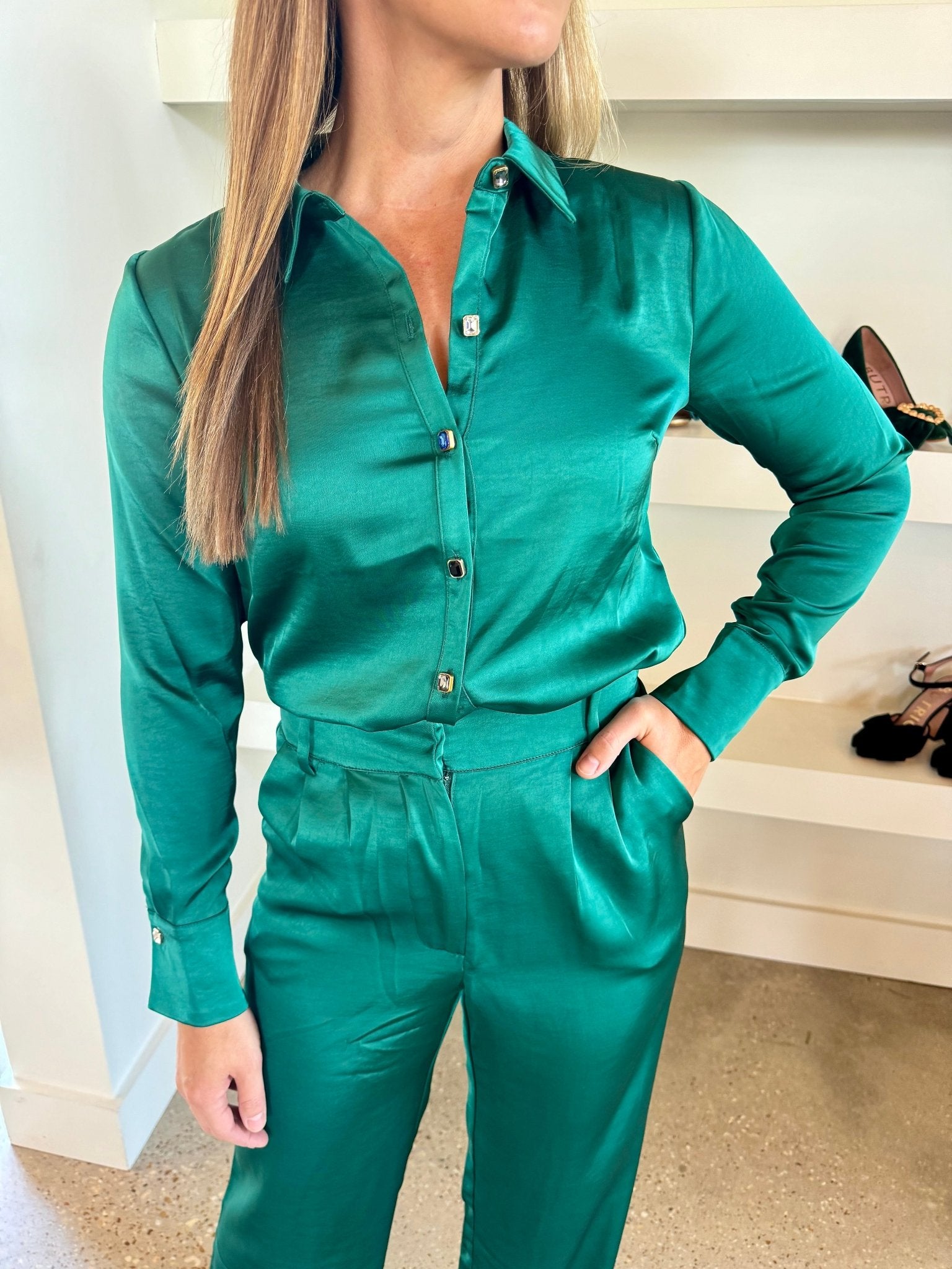 Emerald Rhinestone Button Down - Amor Lafayette