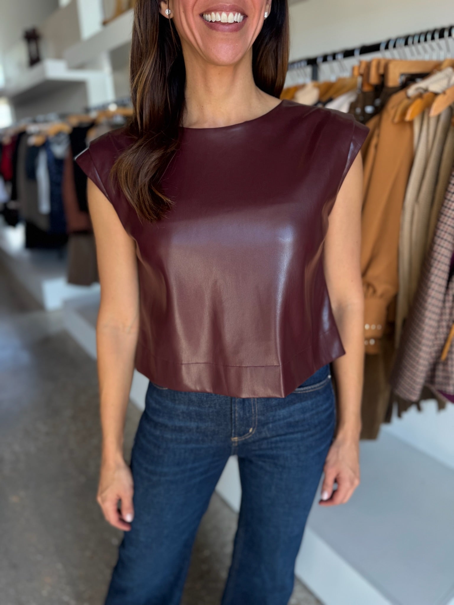 Faux Leather Bitter Chocolate Hatti Tank - Amor Lafayette