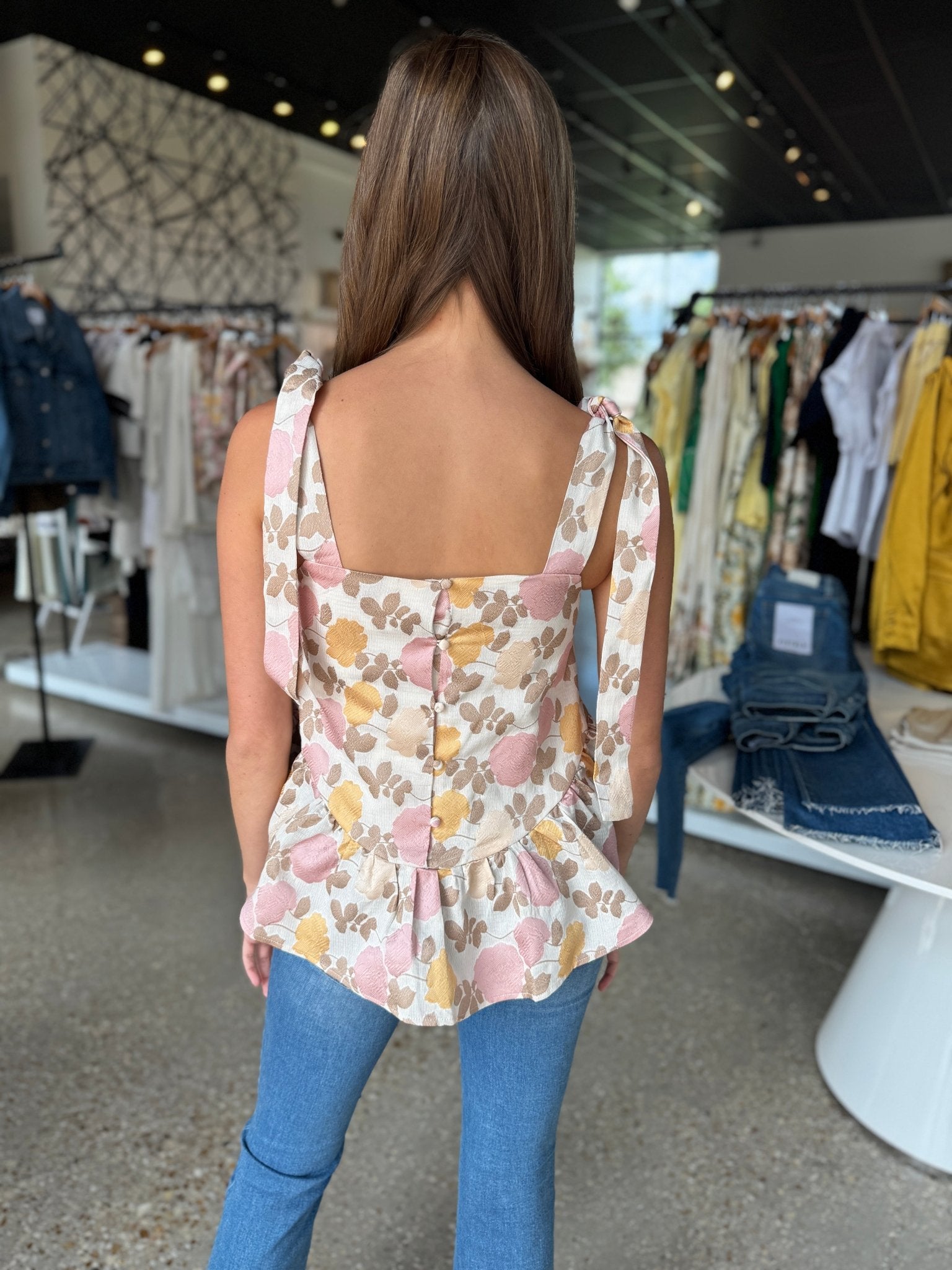 Floral Jacquard Peplum Top - Amor Lafayette