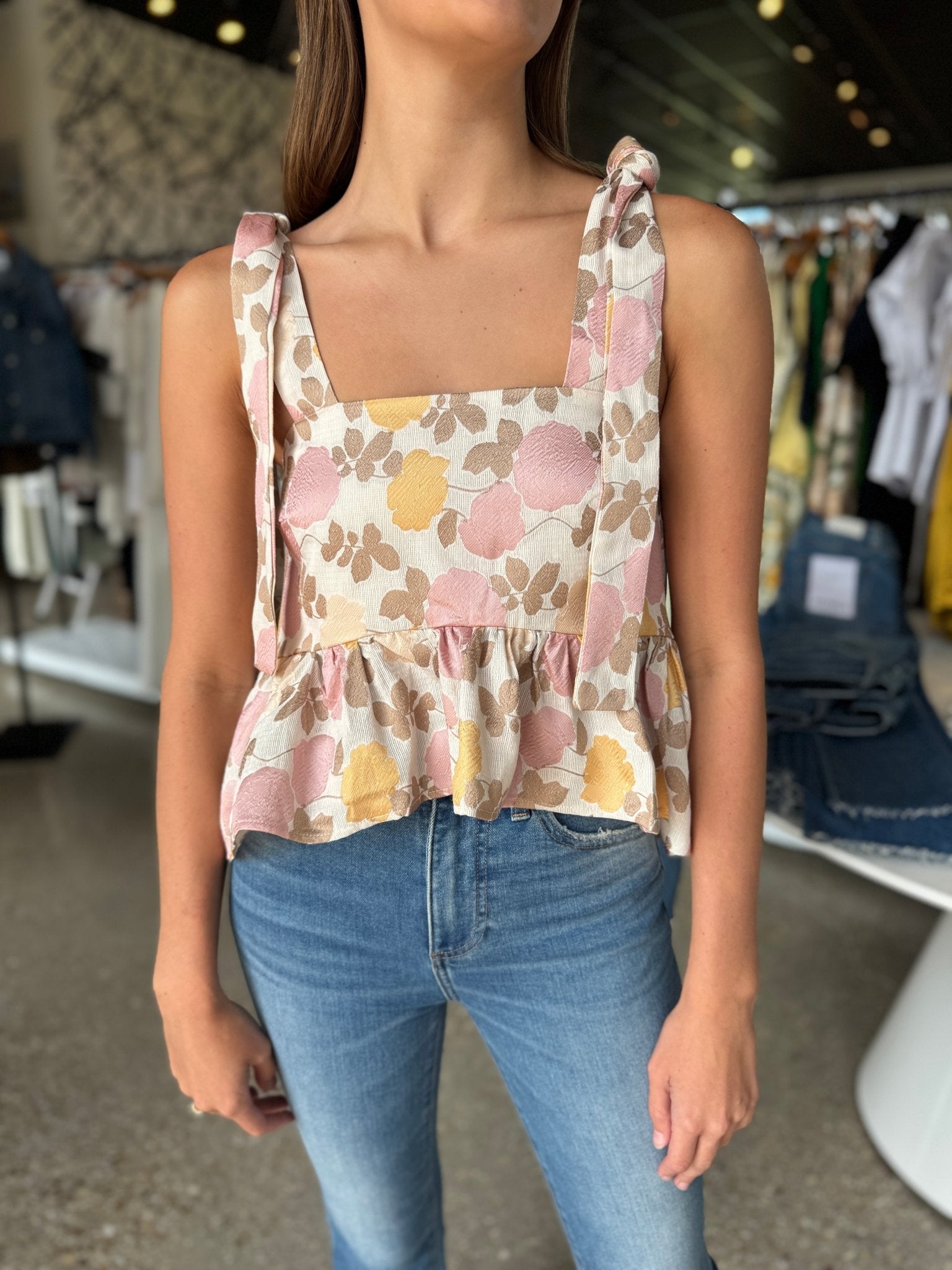Floral Jacquard Peplum Top - Amor Lafayette