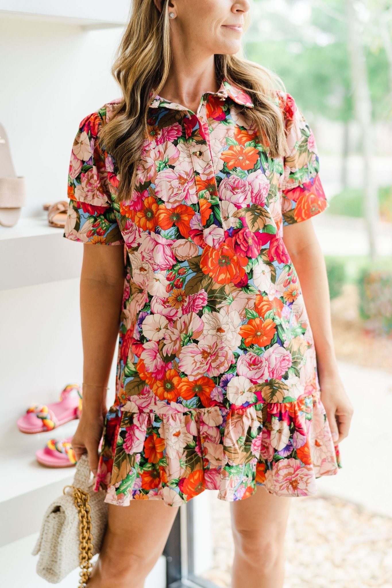 Floral Twill Everything Short Sleeve Dress with Ruffle - Amor Lafayette