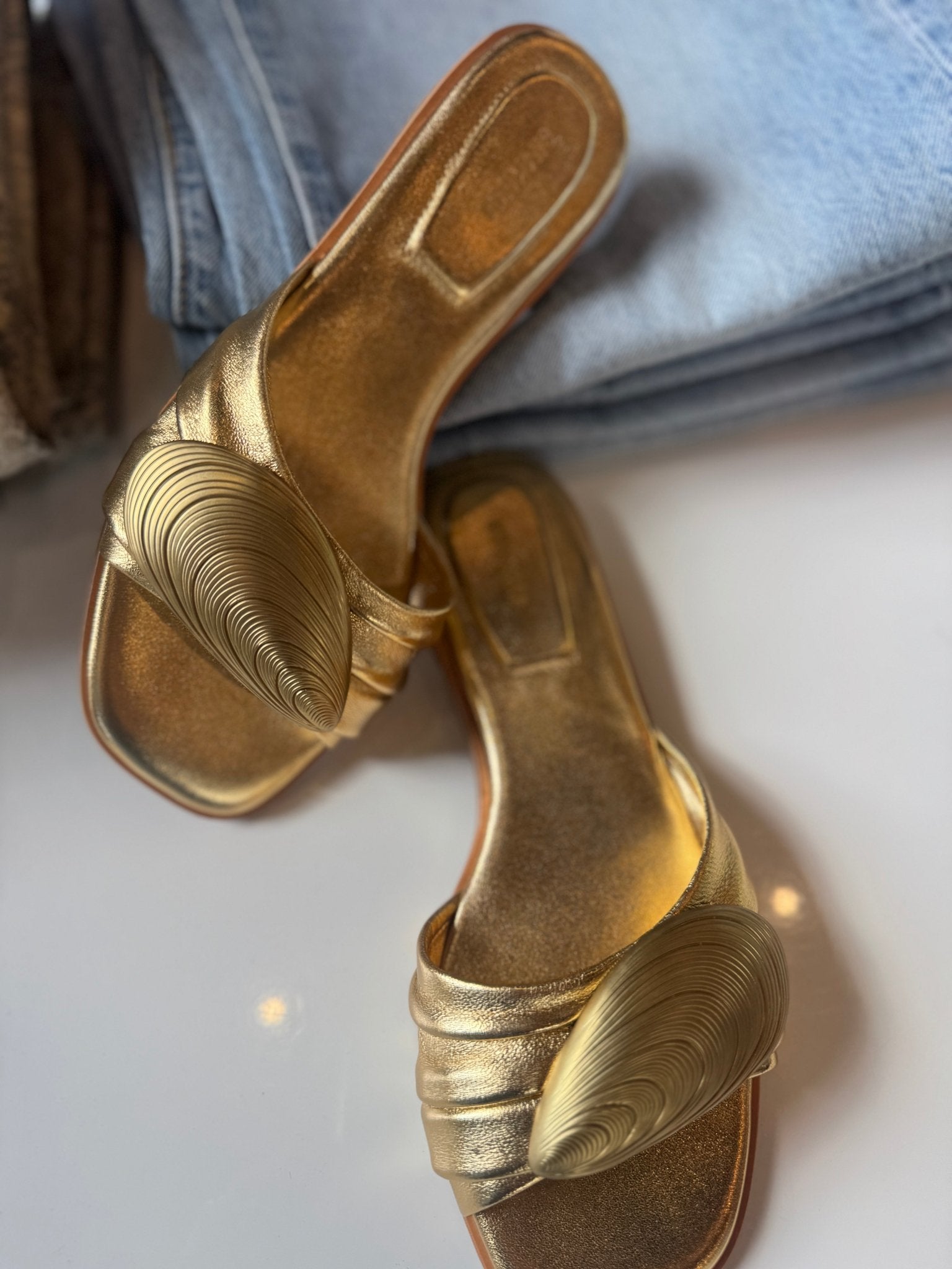 Gold Gigi Oyster Metallic Leather Flat Slide - Amor Lafayette