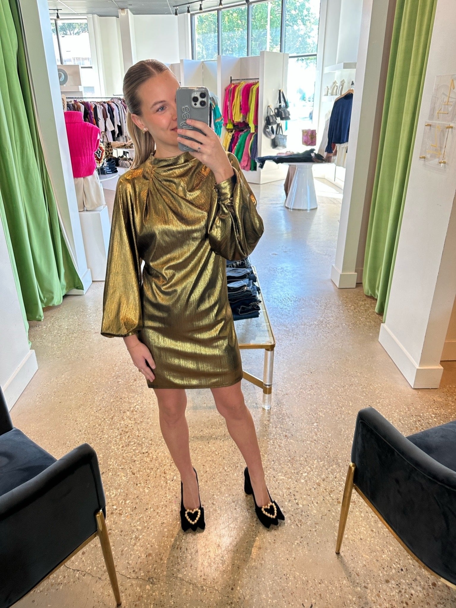 Gold L/S Pleat Dress - Amor Lafayette