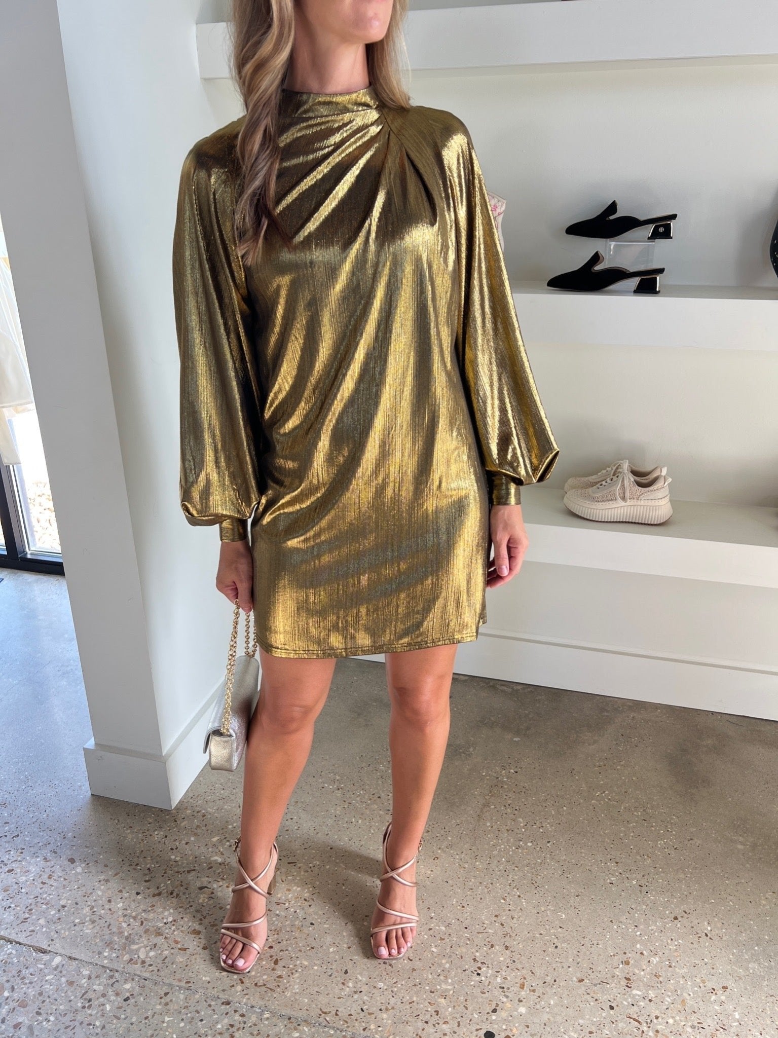 Gold L/S Pleat Dress - Amor Lafayette