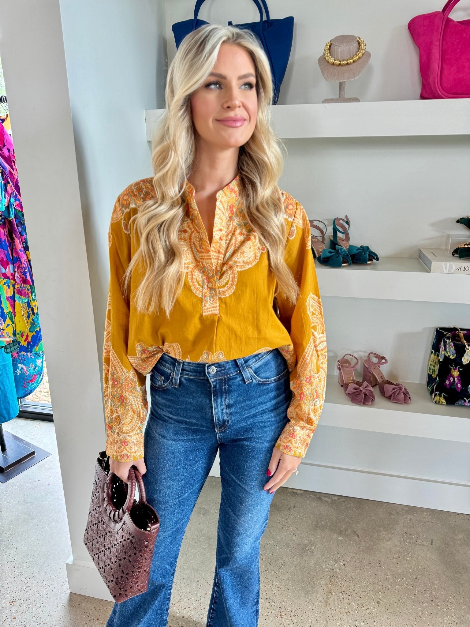 Gold Paisley Brielle Blouse - Amor Lafayette