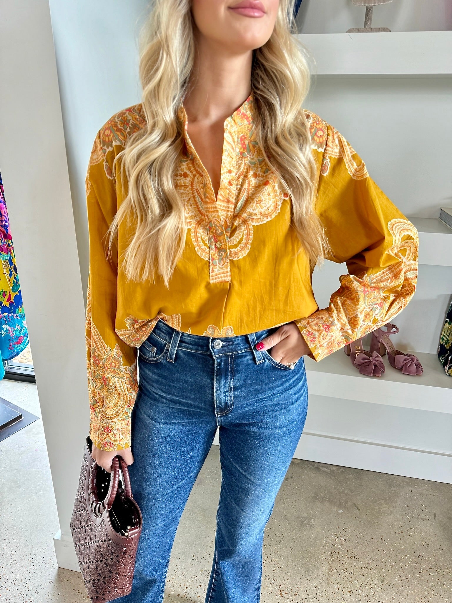 Gold Paisley Brielle Blouse - Amor Lafayette